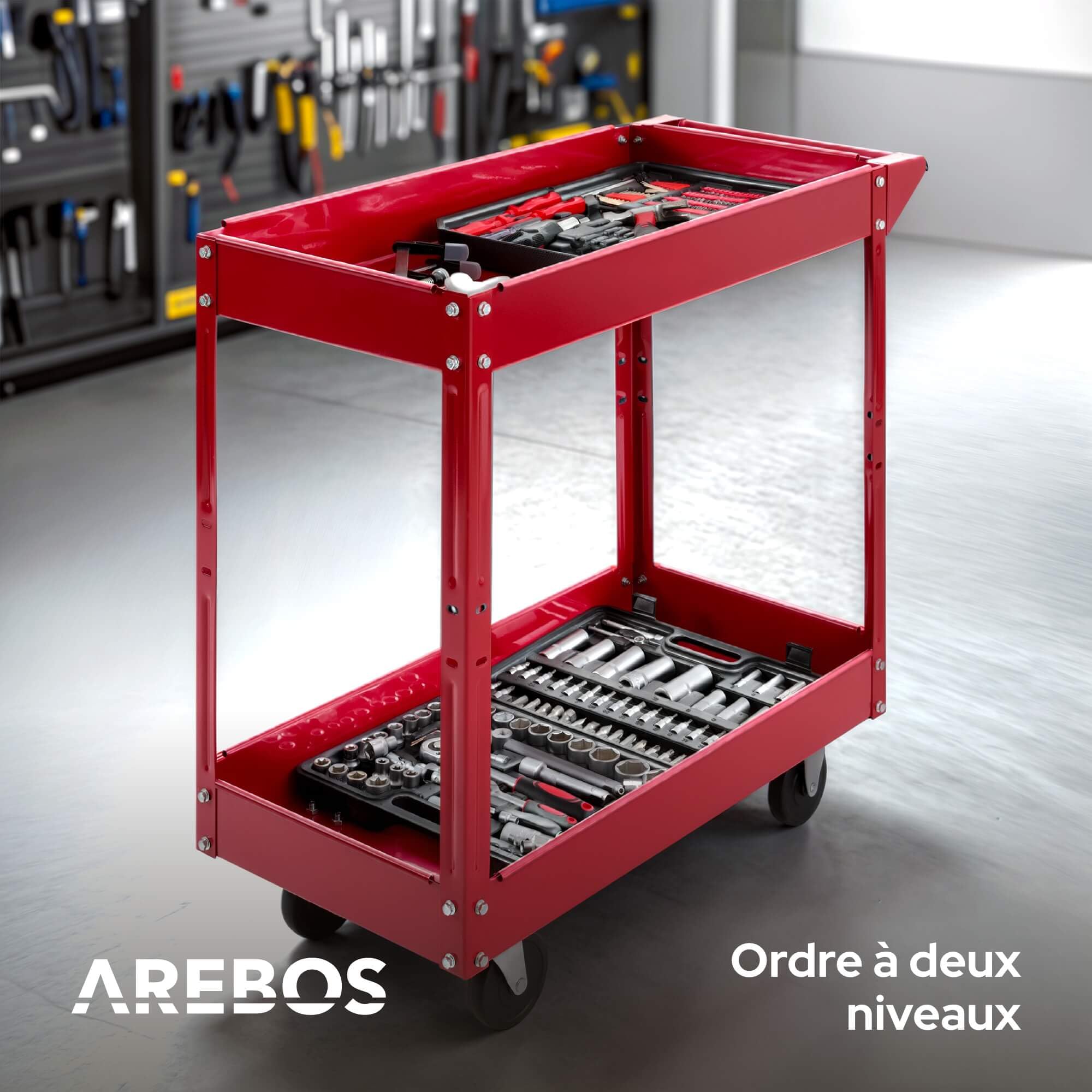 Arebos Servante d’Atelier 2 Étages | Chariot à Outils en Acier | Capacité de Charge Jusqu’à 100 kg | Mobile et Robuste | Rouge