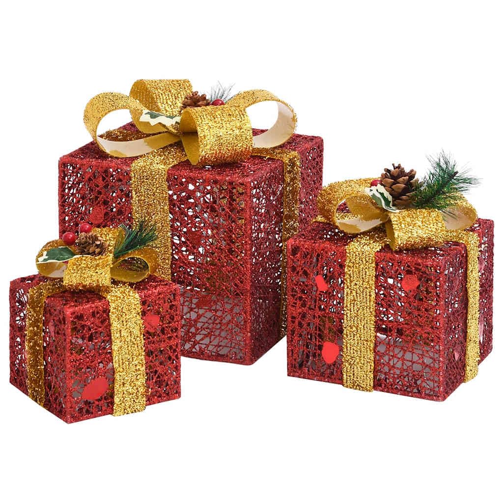 Geschenkboxen Deko-Set 3 Stk. Rot aus Textilgewebe mit 60 LEDs und 8 Lichteffekten, 5 m Kabel, für Weihnachtsbeleuchtung innen und außen, Fensterdeko, Garten, Terrasse