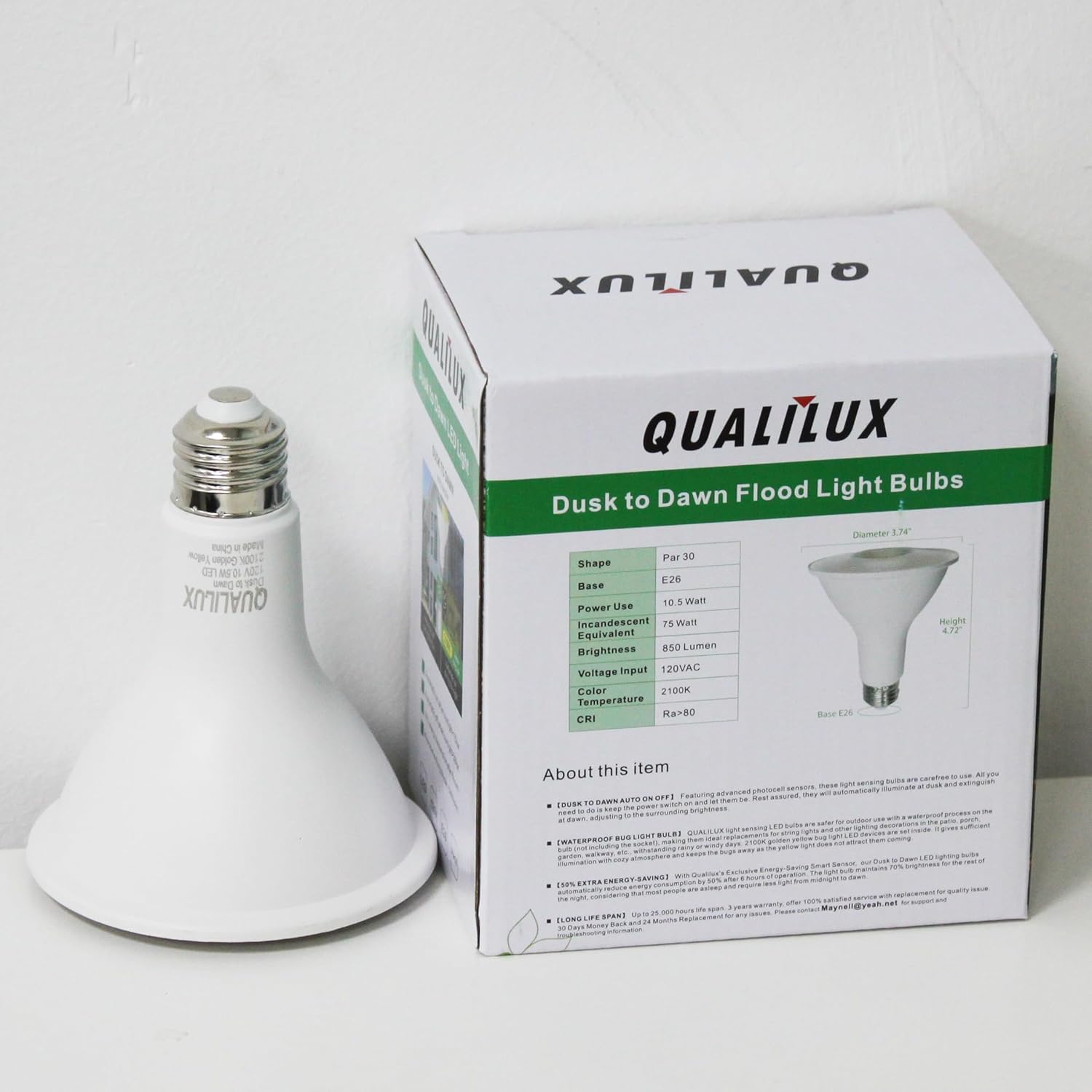 Qualilux PAR30 Dusk to Dawn LED Yellow Light Bulbs, 2100K Golden Yellow Light, 75W Equivalent, 850LM, Auto On/Off Light Sensing Flood Light Outdoor Bulb, 10.5W, 2 Pack, E26 Base, Non-Dimmable, HQ-H051