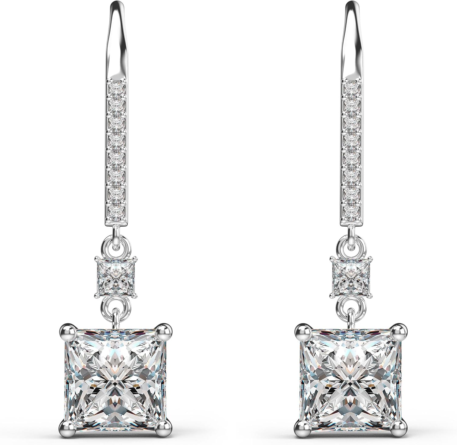 18K White Gold Plated Sterling Silver Square Princess Cut Cubic Zirconia Dangle Earrings for Women Square CZ Diamond Drop Dangling Earrings for Women Mom Hypoallergenic - Image 2