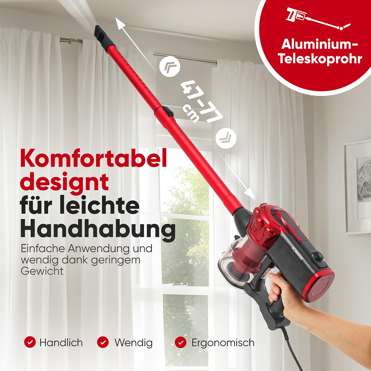 Bomann BS6072CB - Aspirador de Mano y Escoba (600 W, tecnología de Filtro HEPA, Tubo telescópico 47-77 cm, Accesorios incluidos, Ideal para Suelos y Muebles