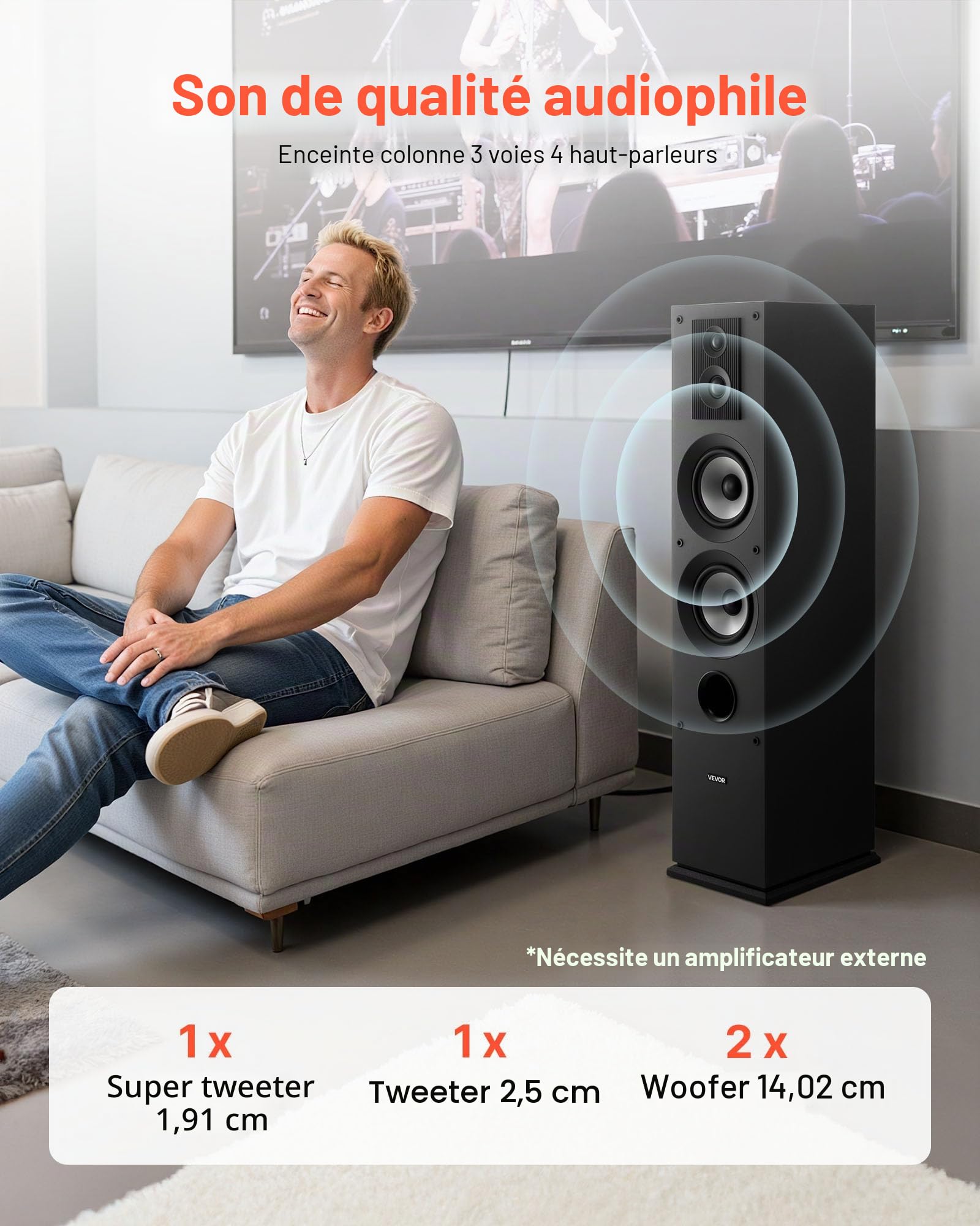 VEVOR Enceinte Colonne, 3 Voies, Tour de Son avec Tweeter 19 mm 25,4 mm, Woofer 133,4 mm, Puissance de Crête 145 W, Réponse en Fréquence 70 Hz à 20 kHz, Boîtier en MDF, pour Système Audio Domestique