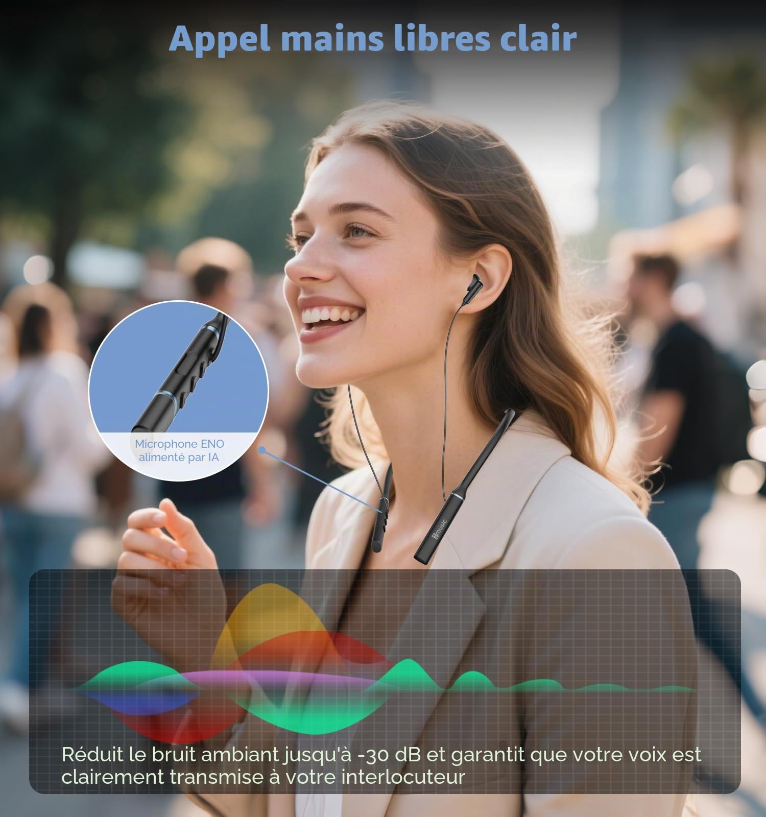 Hmusic Casque Tour de Cou Bluetooth sans Fil, OTG-USB Charging | 35H d'autonomie, 3 Equalizer Modes, Écouteurs magnétiques, Intra-Auriculaires pour Sport/Course/Jeux, Noir