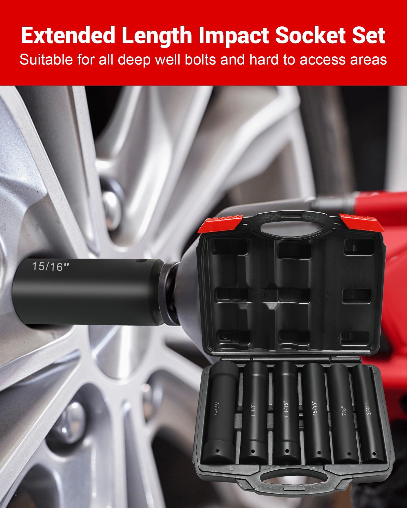 1/2 Inch Drive Extended Length Impact Socket Set, 6 Sizes Extra Deep Socket Set Include Sizes 3/4