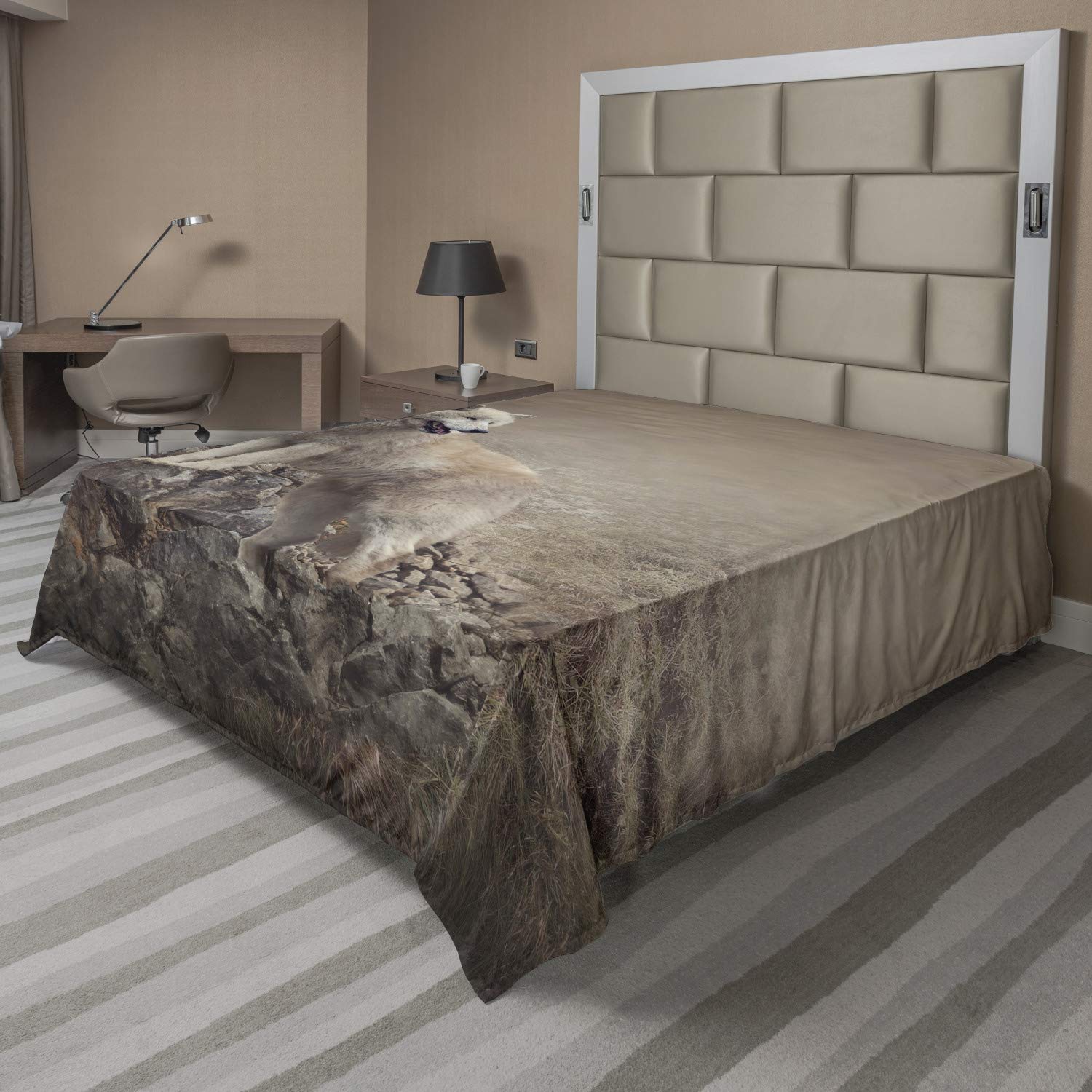 Ambesonne Animal Flat Sheet, White Wolf on Rocks at The Night Hazy Misty Weather Wildlife Nature Scenery Print, Soft and Comfortable Top Sheet