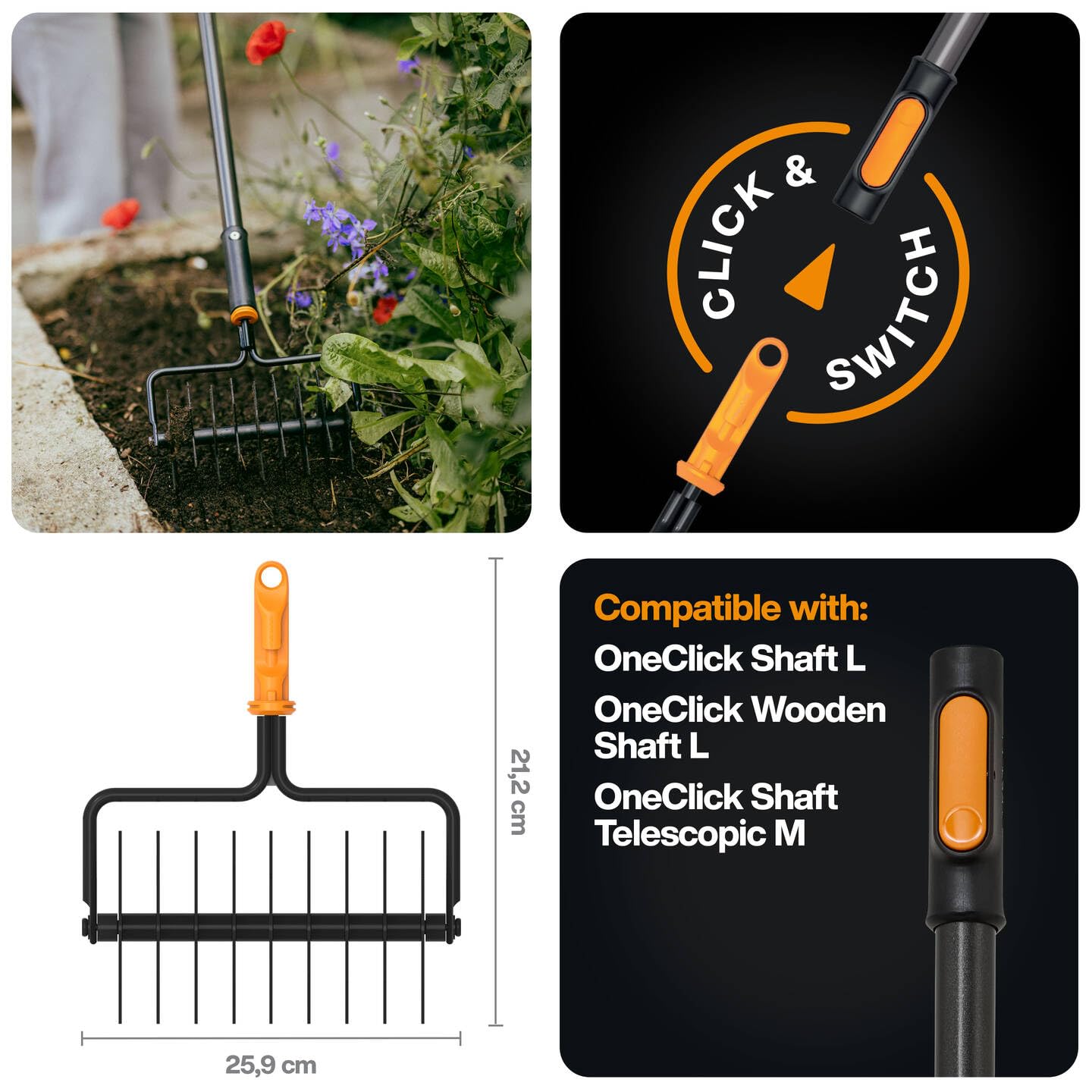 Fiskars OneClick Aérateur de Pelouse, Embout pour l'Aération du Sol, Changement Facile en Un Clic, Lames en Acier Trempé, Noir/Orange, 1080688