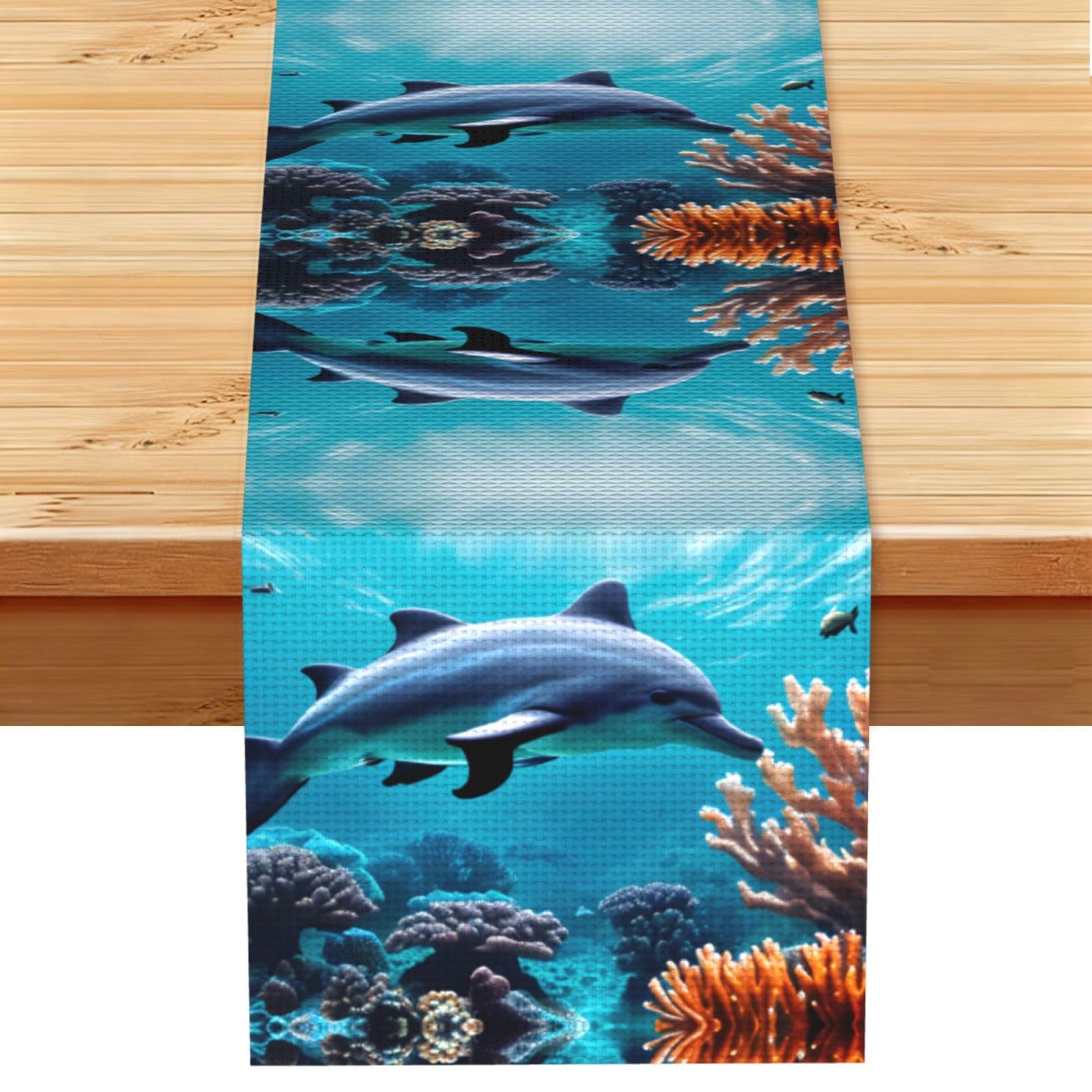 Beautiful Underwater World Dolphins Coral Printed Dining Table Runner 13x72 Inch, Non-Fading Decor for Kitchen Dresser Fireplace Mantel