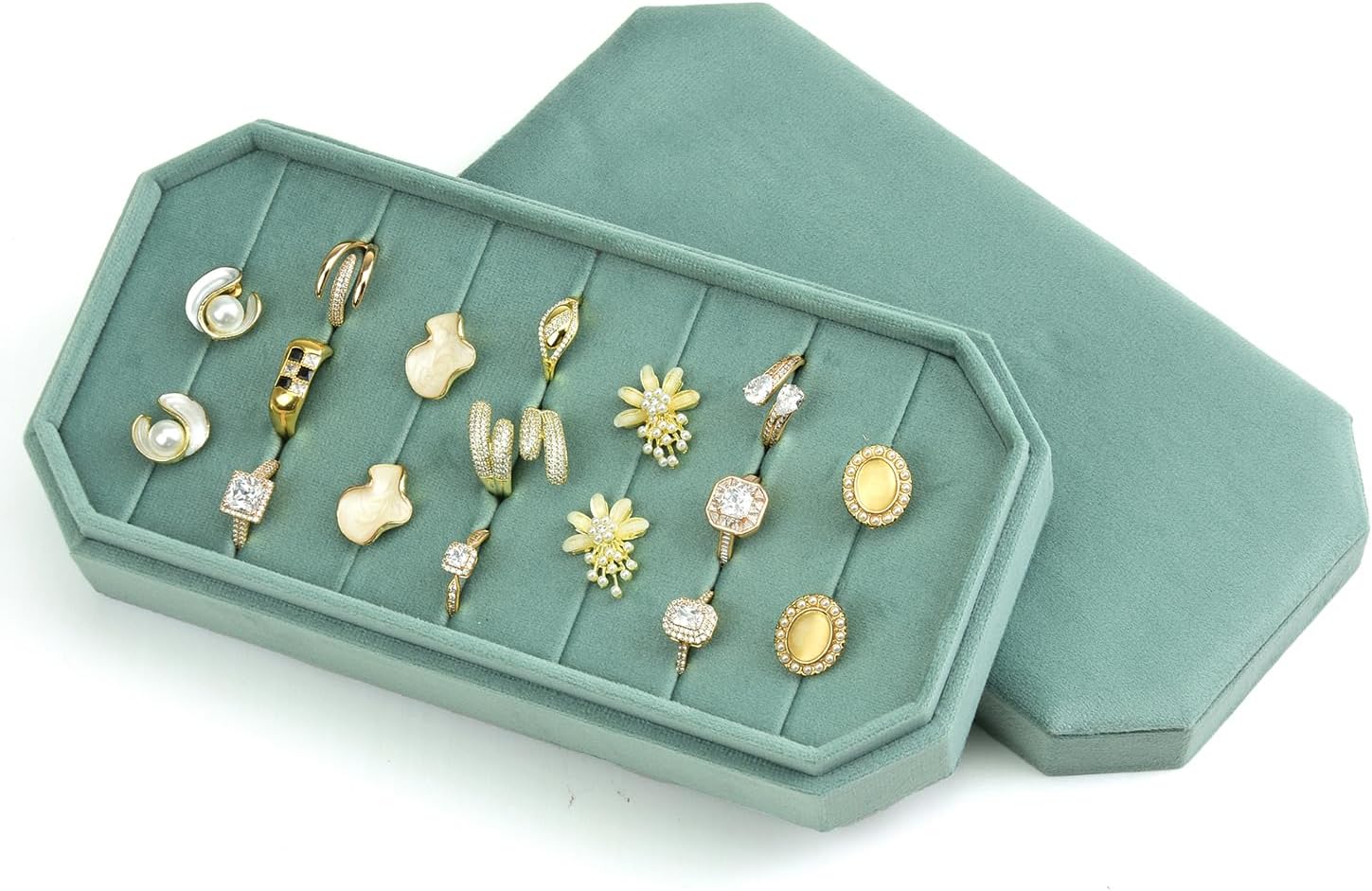 TAIMY Velvet Ring Display Tray Organizer – Soft Jewelry Storage Box for Rings, Elegant Velvet Holder for Jewelry Showcase, Counter or Home Use (Lake Green)