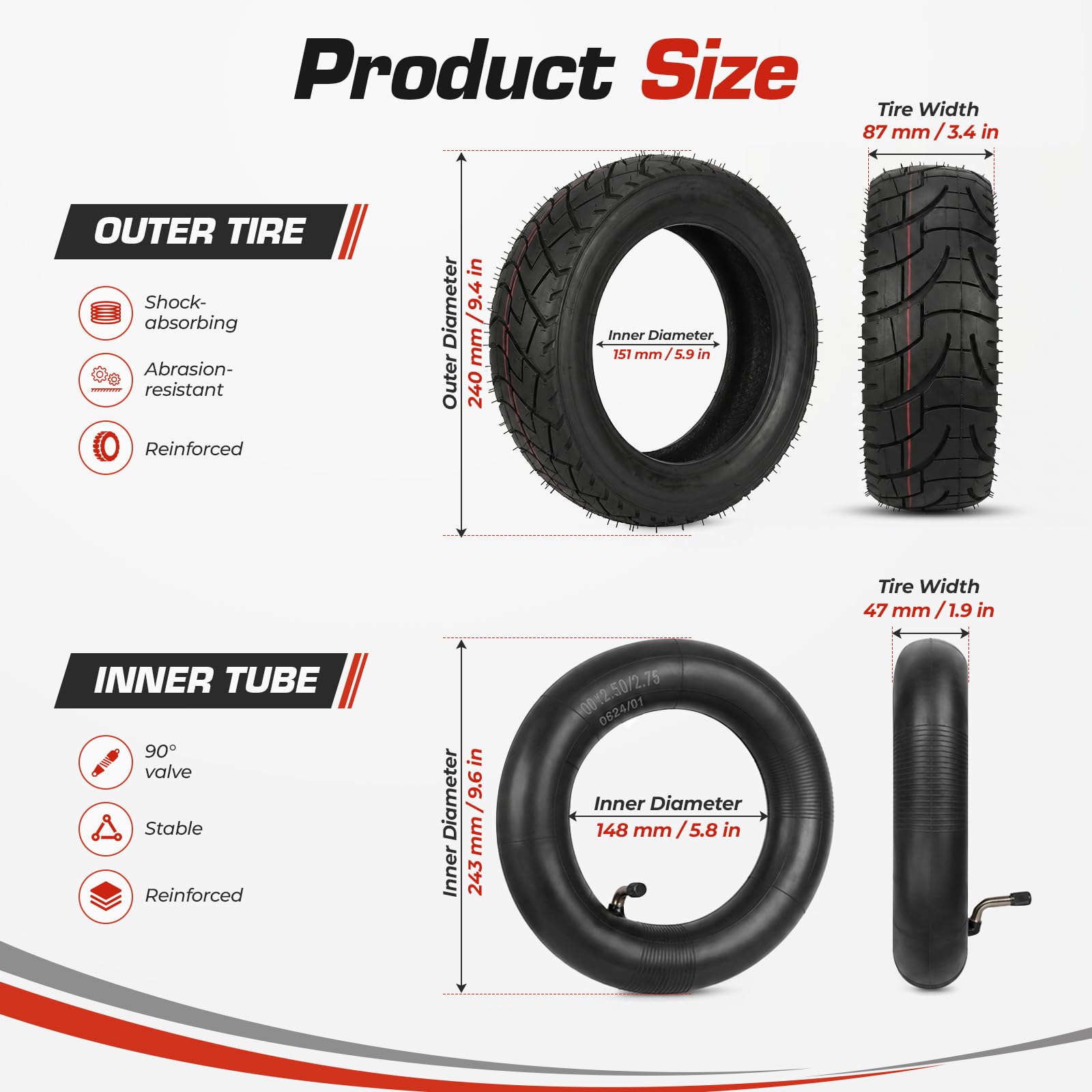 24 X 15 Ruote di Ricambio Pneumatici Esterni Interni per Kukirin G2 Max/Kukirin G3 Pro Monopattino elettrico 10 X 3.4 Pneumatici ispessiti (1 Camere d'Aria+Pneumatico Esterno)