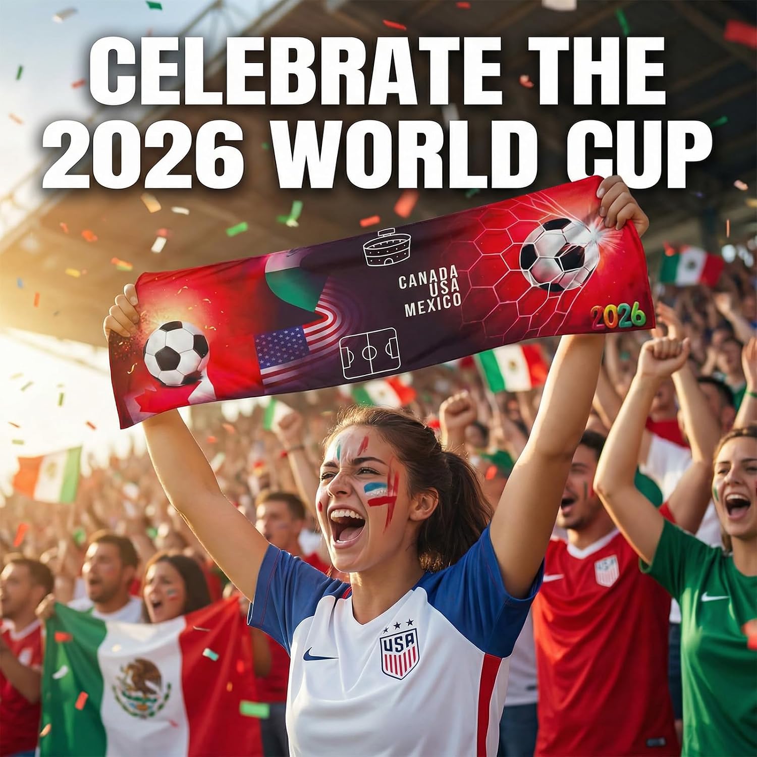 2026 Soccer Fan Towel - Canada USA Mexico Flag Football Souvenir - Soft Double-Sided Fleece Sweat Towel for Stadium Cheering, Gym & Sports Gift, 12"x40"