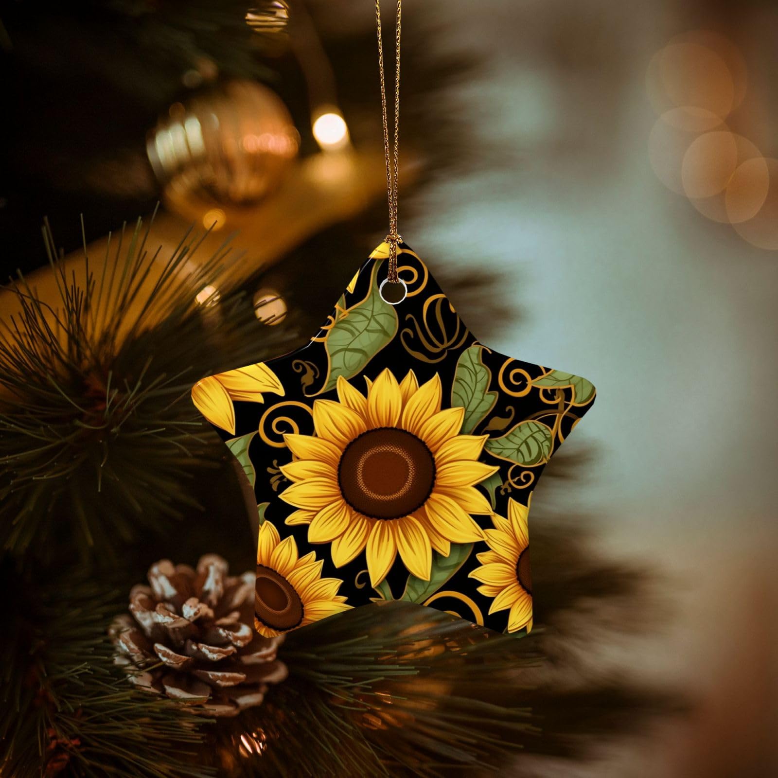Christmas Tree Ornaments Ceramics Christmas Decorations Beautiful Sunflower Ornaments with Gold Ribbon Porcelain Xmas Tree Crafts Star Shape Hanging Pendant for Christmas Tree Party Decor
