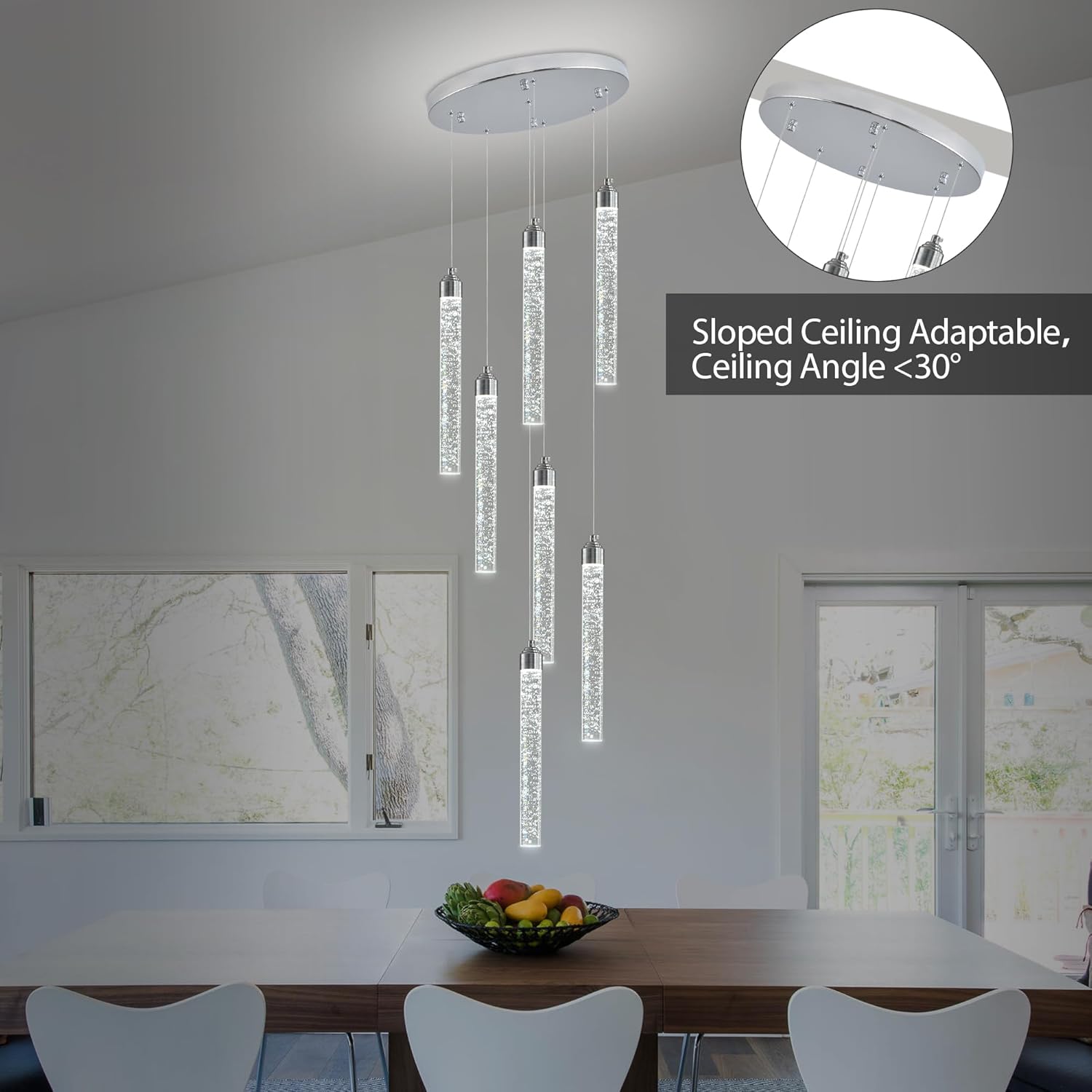 Crystal Staircase Chandelier, Modern Chrome Spiral Dimmable LED Cluster Raindrop Foyer Chandelier Lighting, Bubble Living Room Hanging Light Fixture 7 Light Remote Control