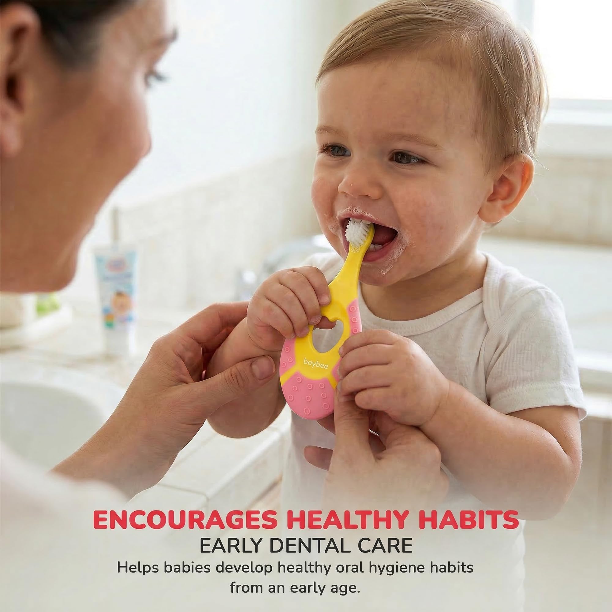Baybee Ultra Soft Baby Toothbrush | BPA-Free Smooth Silicone Bristles | Easy Grip, Great For Massaging & Cleaning Gums Toddler Tooth brush | kids Safe and Effective Oral Care Toothbrush For 3M+ (Pink) 1