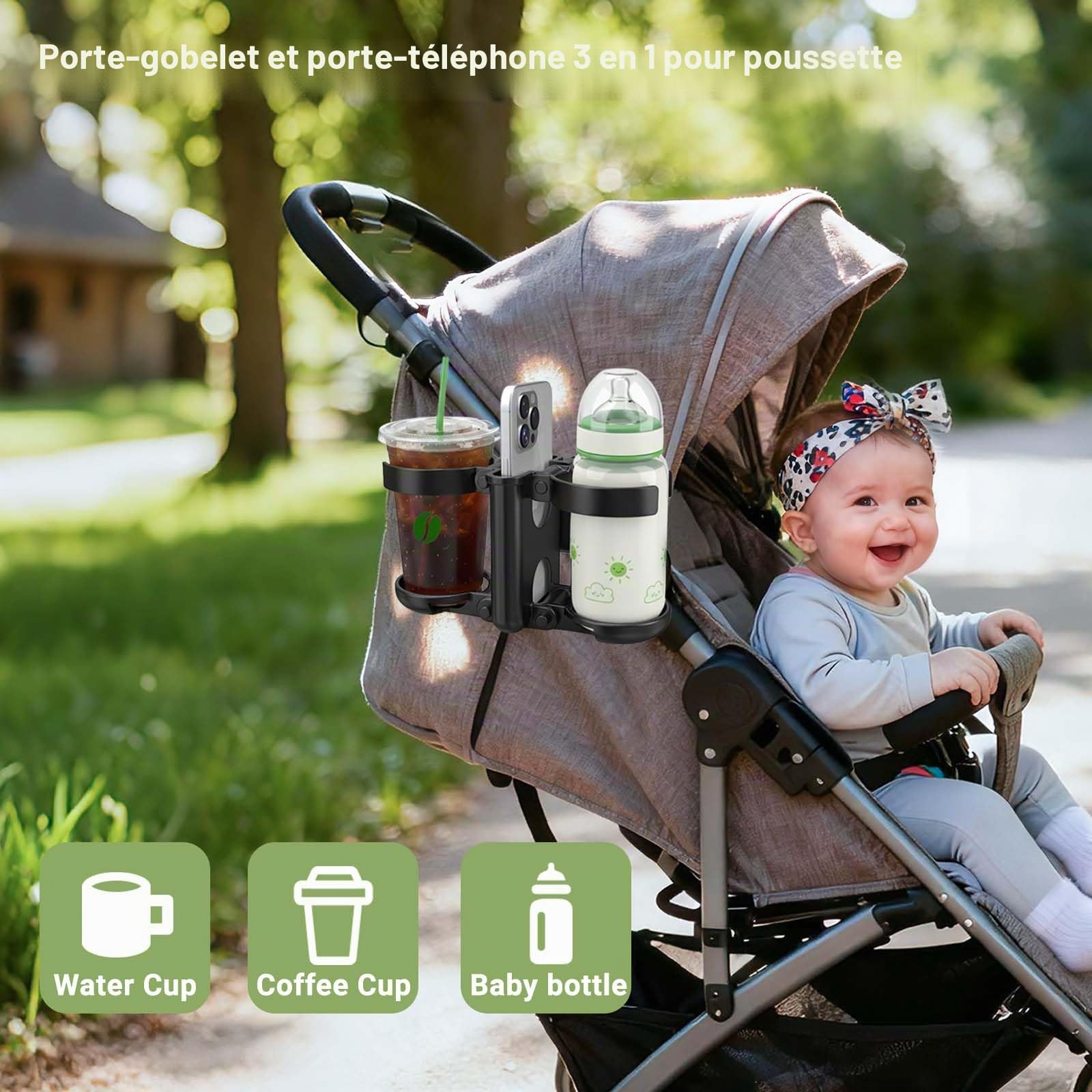 ZealSound Porte Gobelet Pliable 3 en 1 pour Poussette avec Support Téléphone, Double Porte Bouteille, Rotation 360°, Porte-Gobelet Universel pour Poussette, Buggy, Landau, Fauteuil Roulant