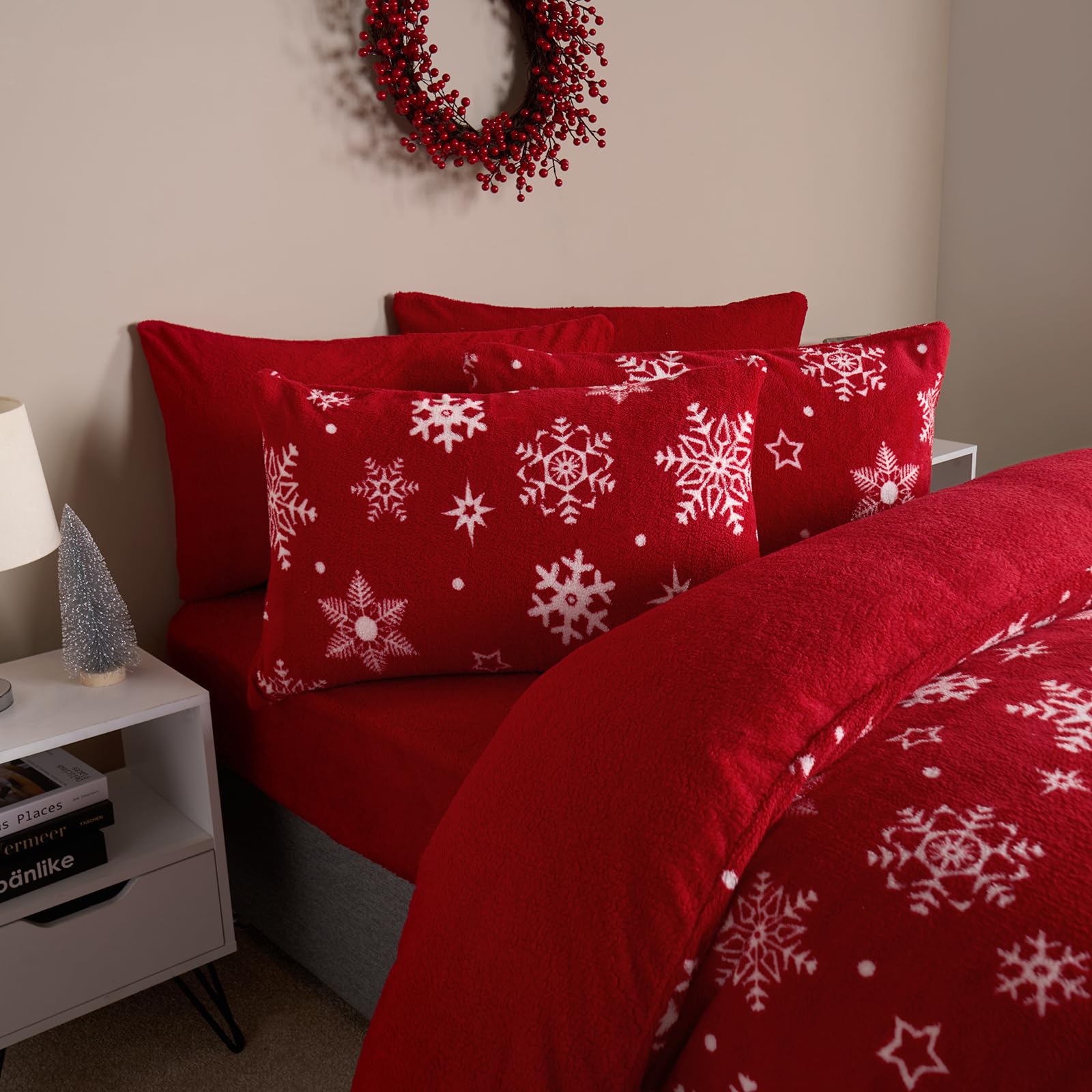 OHS Christmas Bedding Double, Xmas Snowflakes Teddy Fleece Duvet Set Super Soft Warm Cosy ...
