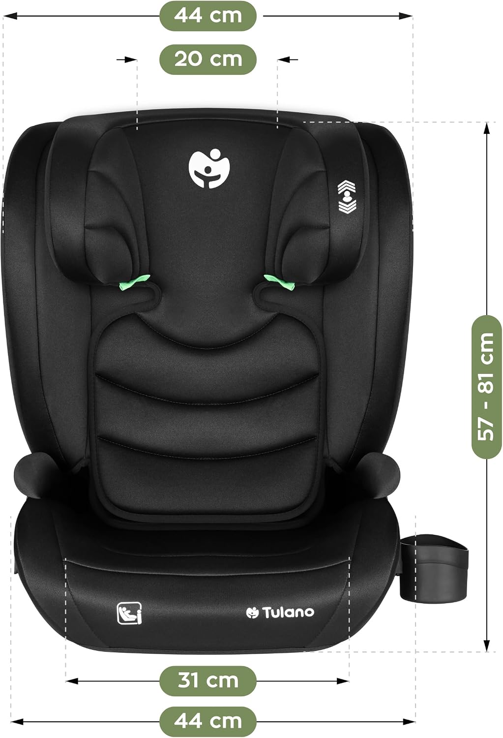 Tulano Joy 20 Автокресло i-Size для детей ростом 100–150 см с базой | 13-позиционный подголовник — Установка с помощью ремней безопасности в любом автомобиле — Подстаканник и солнцезащитные козырьки — Черный