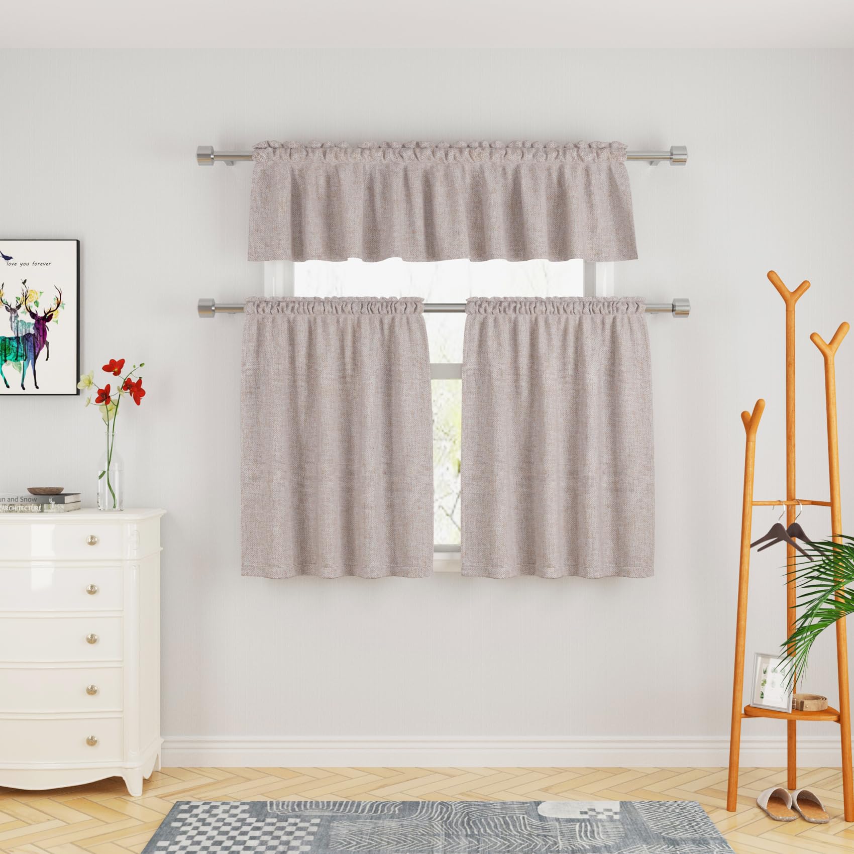 UPOPO Beige 3-Piece Tier Curtains and Valance Set - Kitchen, Bathroom, Cafe or Basement - Linen Textured - 54"x18"/27"x24"