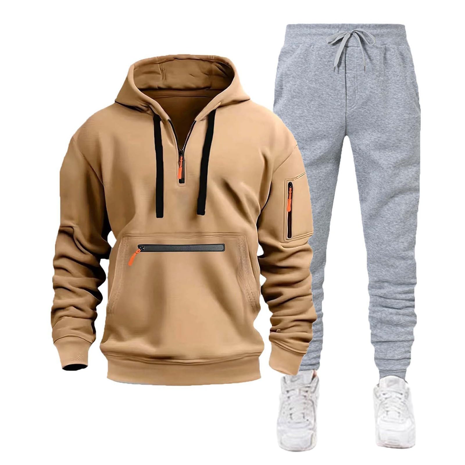 Męski zestaw dresowy, bluza z kapturem i joggery, 2-częściowy polar z zamkiem do połowy, dla mężczyzn, miękka bawełniana bluza z kapturem i spodnie, swobodny strój sportowy na siłownię, do biegania