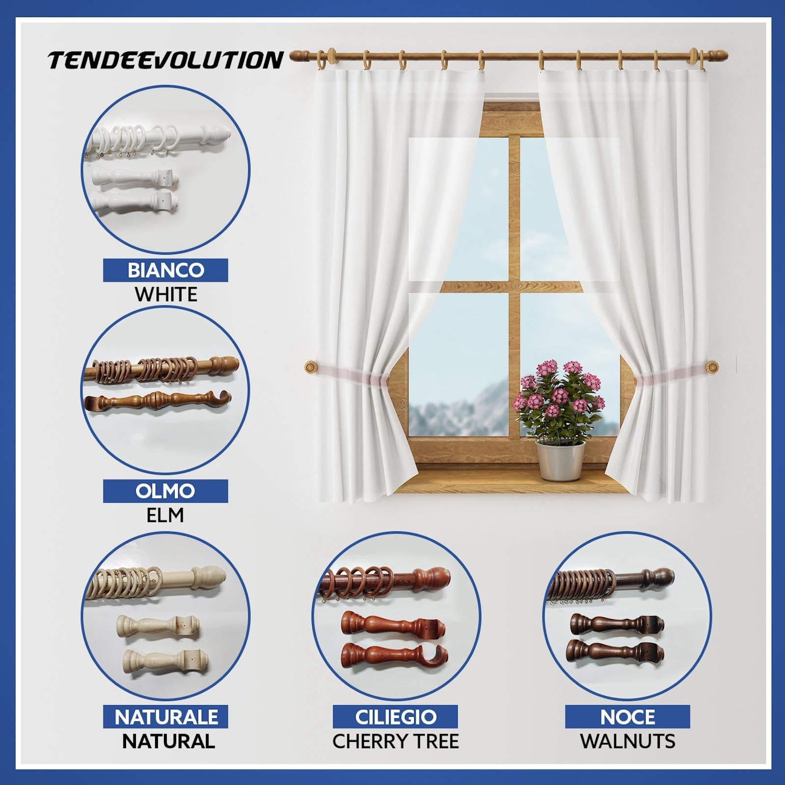 TENDEEVOLUTION Tringle Rideau Bois avec Accessoires, Diamètre 35mm, avec Support Tringle Rideaux Bois inclus. Barre De Rideau Naturel (Orme, 160 CM Avec Corde)