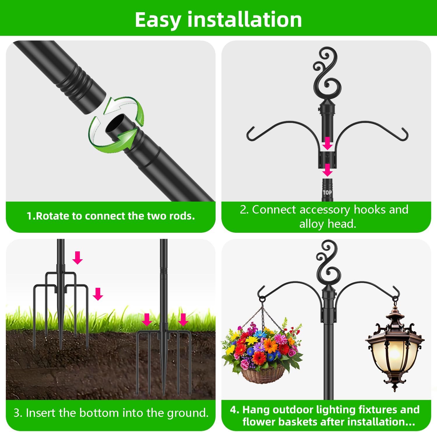 10 Ft Height 1 Inch Diameter String Light Poles StringLight Stand with Hooks Metal Poles for Outside Patio Yard Garden Backyard (10Ft Pole with Hooks, 4)