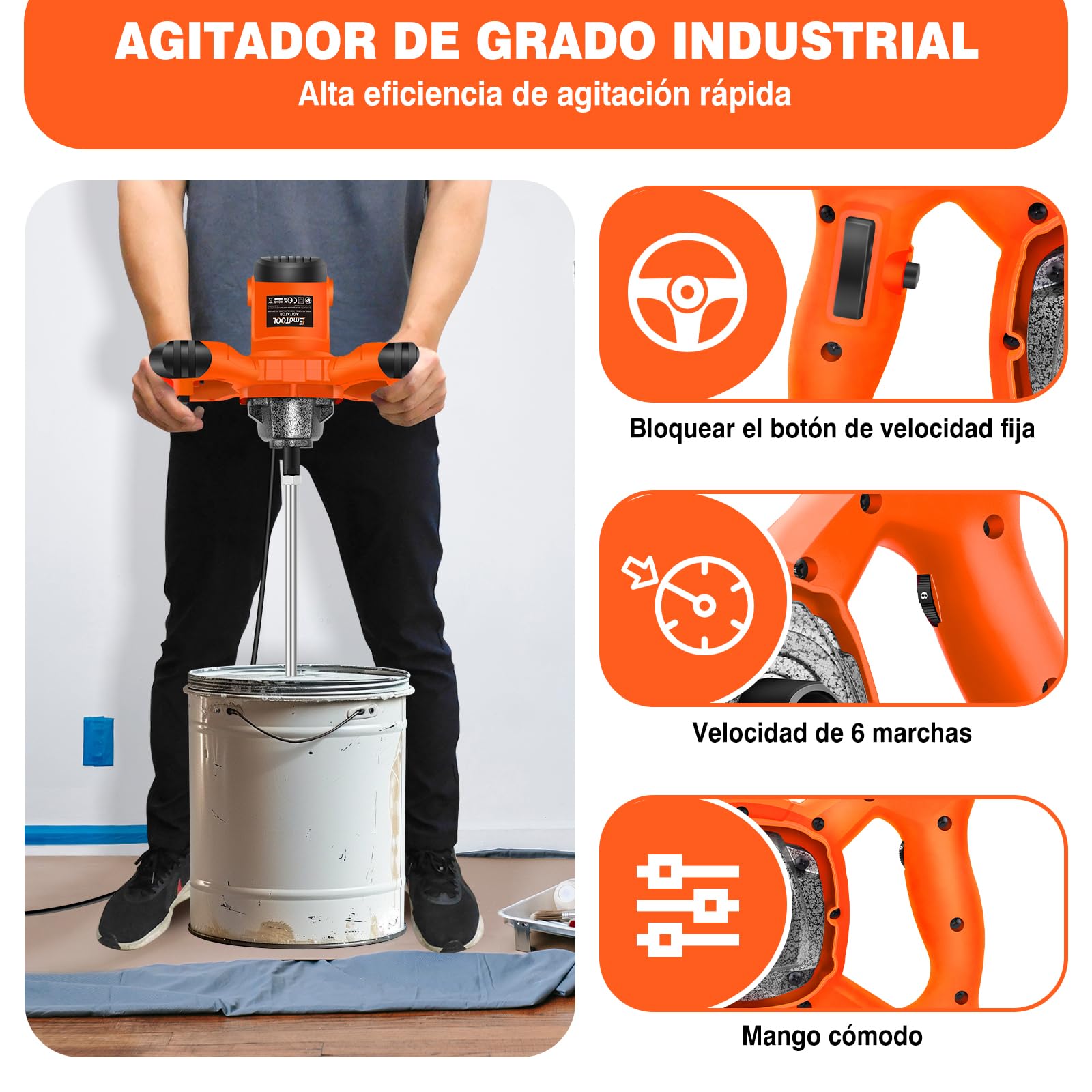 2600W Mezclador de Mortero,Mezclador Industrial, hormigoneras electricas, Agitador M14 Tornillo de Cromo, 6-Velocidad Variable Mezclador Eléctrico, Utilizado para Mezclar Pintura, Cemento, Naranja