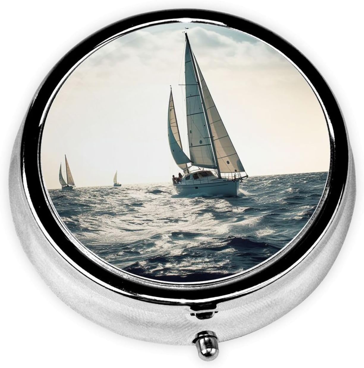 Ocean Sailing Pill Box with Mirror, 3 Compartment Small Pill Case for Purse Or Pocket Mini Metal Pill Holder Travel Weekly Medicine Tablet Vitamin Holder Organizer Travel Gifts