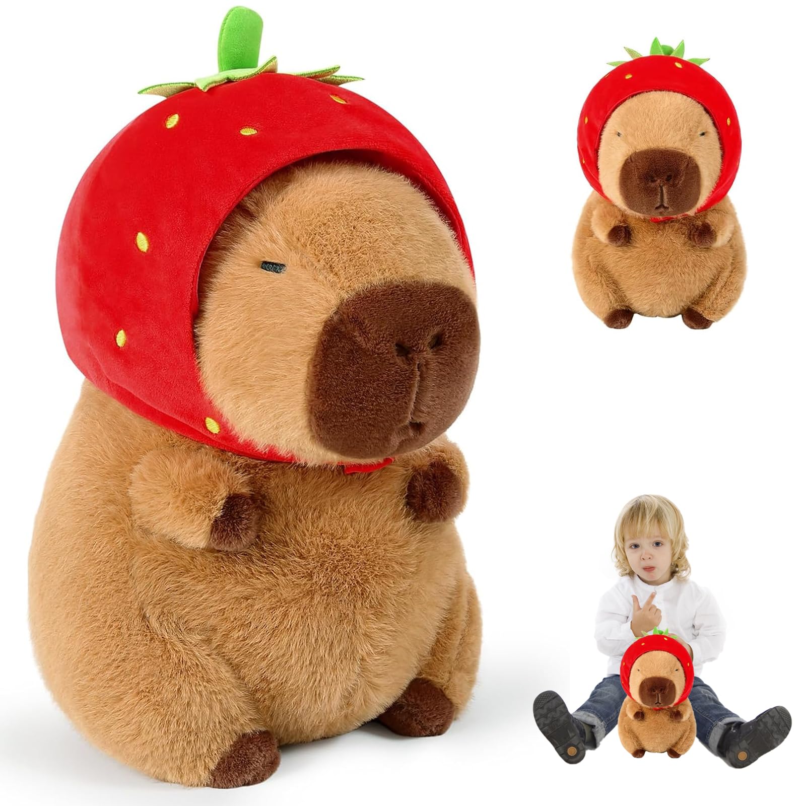 DXPETA 1Pcs Capybara Doll, Capybara Plush Toy, Strawberry Hat Soft And Realistic Capybara Plush Toy Pillow, Capybara Gifts Guinea Pig Toys for Kids (23cm)