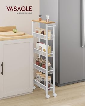 VASAGLE 5-Tier Trolley, Space-Saving Kitchen Cart with Castors, 13 cm Deep, Steel Frame, Handle, Trolley for Small Spaces, Kitchen Bathroom Living Room Studio, Oak Beige and White LRC034W09