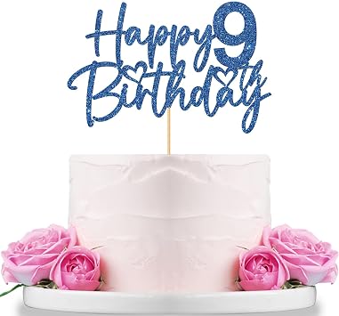 WeBenison Happy 9th Birthday Cake Topper Childrens 9th Birthday Cake Topper Boy or Girl Nine Years Old Birthday Party Decorations Blue Glitter