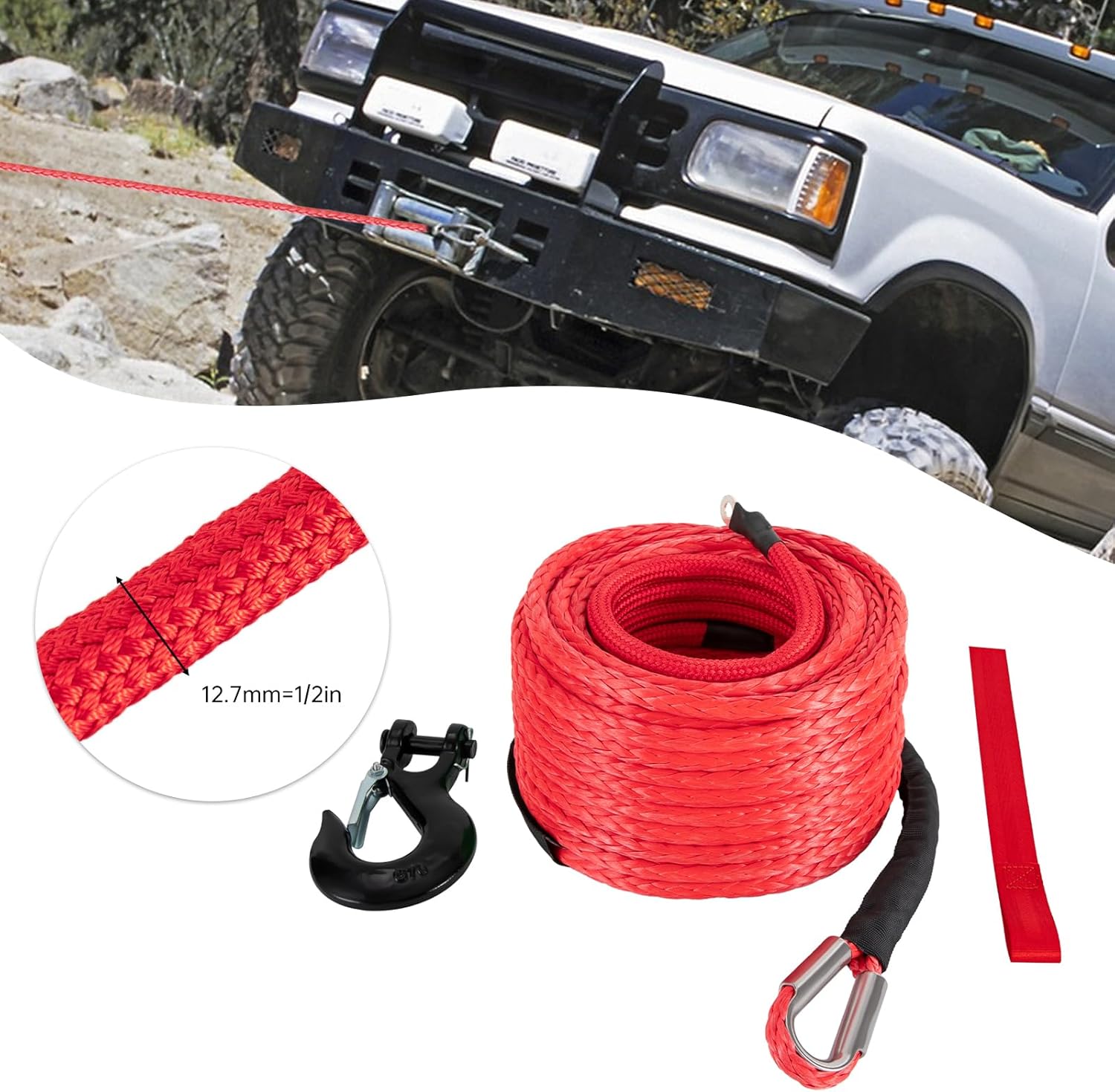 Synthetic Winch Rope, 1/2" x 85ft Synthetic Winch Rope Kit, 31500Lbs Breaking Strength, Winch Cable Replace Kit with Safety Pull Strap, Protective Sleeve, and Hook for Jeep, SUV, Truck (Red)
