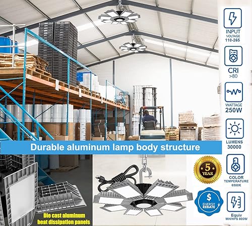 Miniatura 3 de Luz LED ajustable de alta bahía  250 W 30000 lúmenes, 6500 K luz diurna, 8 paneles de aluminio, luz de garaje enchufable con cable de 3 clavijas de