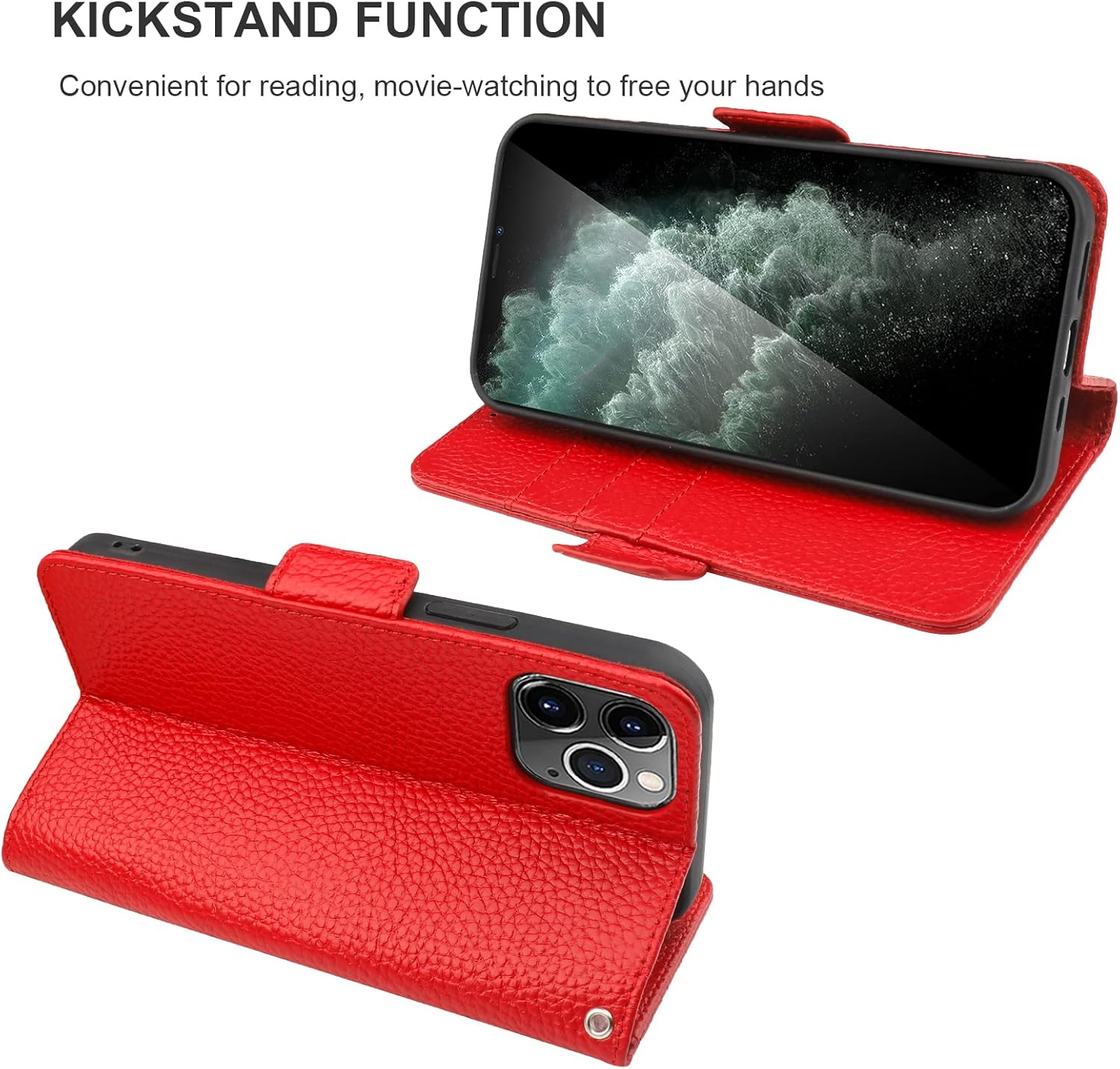 Bocasal Wallet Case for iPhone 11 Pro Max, Genuine Leather Support Wireless Charging RFID Blocking Flip Case Card Slots Holder, Kickstand Book Folding Folio Cover with Wrist Strap 6.5 Inch (Red)