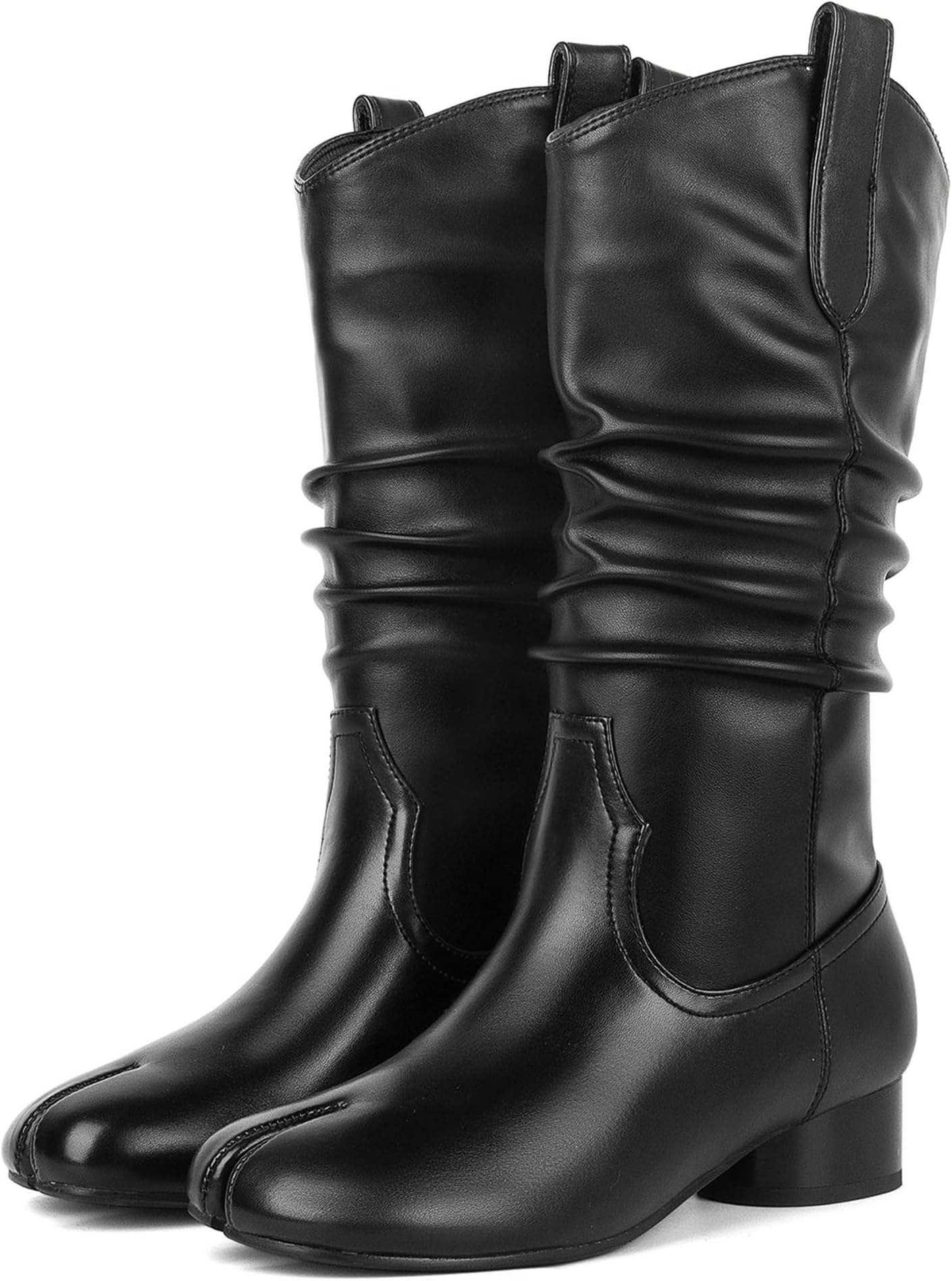 Women's Mid Calf Tabi Boots Split Toe Slouchy Wrinkled Boots Western Cowboy Cowgirl Boot Cylindrical Low Heels Japanese Ninja Shoes Pull On Work Party Dress Shoes