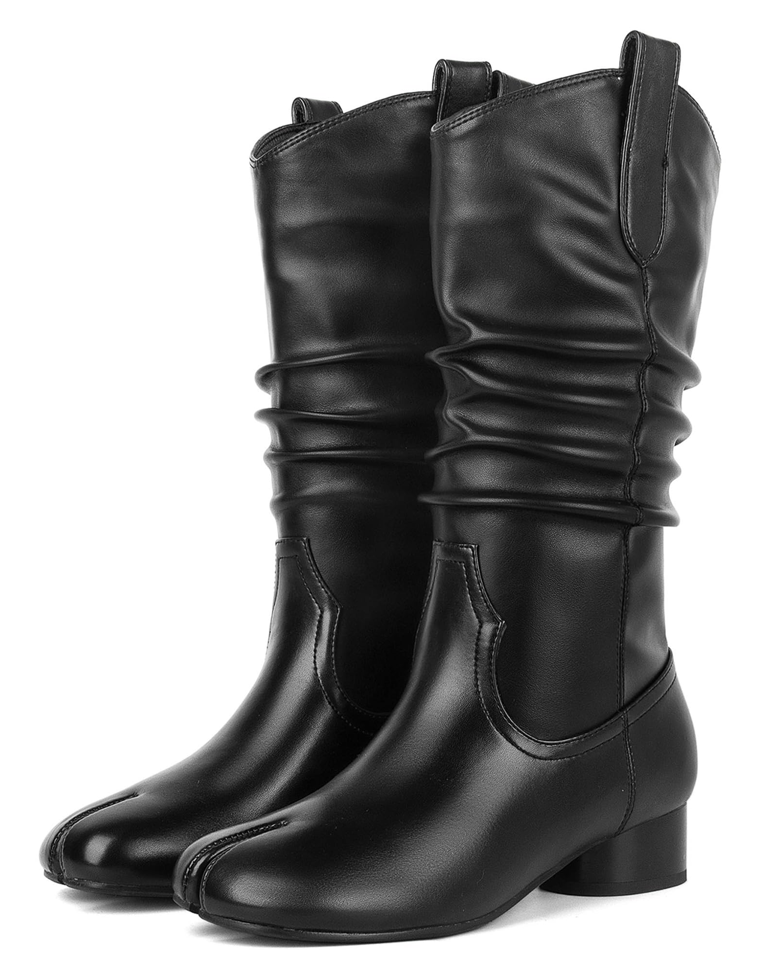 Women's Mid Calf Tabi Boots Split Toe Slouchy Wrinkled Boots Western Cowboy Cowgirl Boot Cylindrical Low Heels Japanese Ninja Shoes Pull On Work Party Dress Shoes