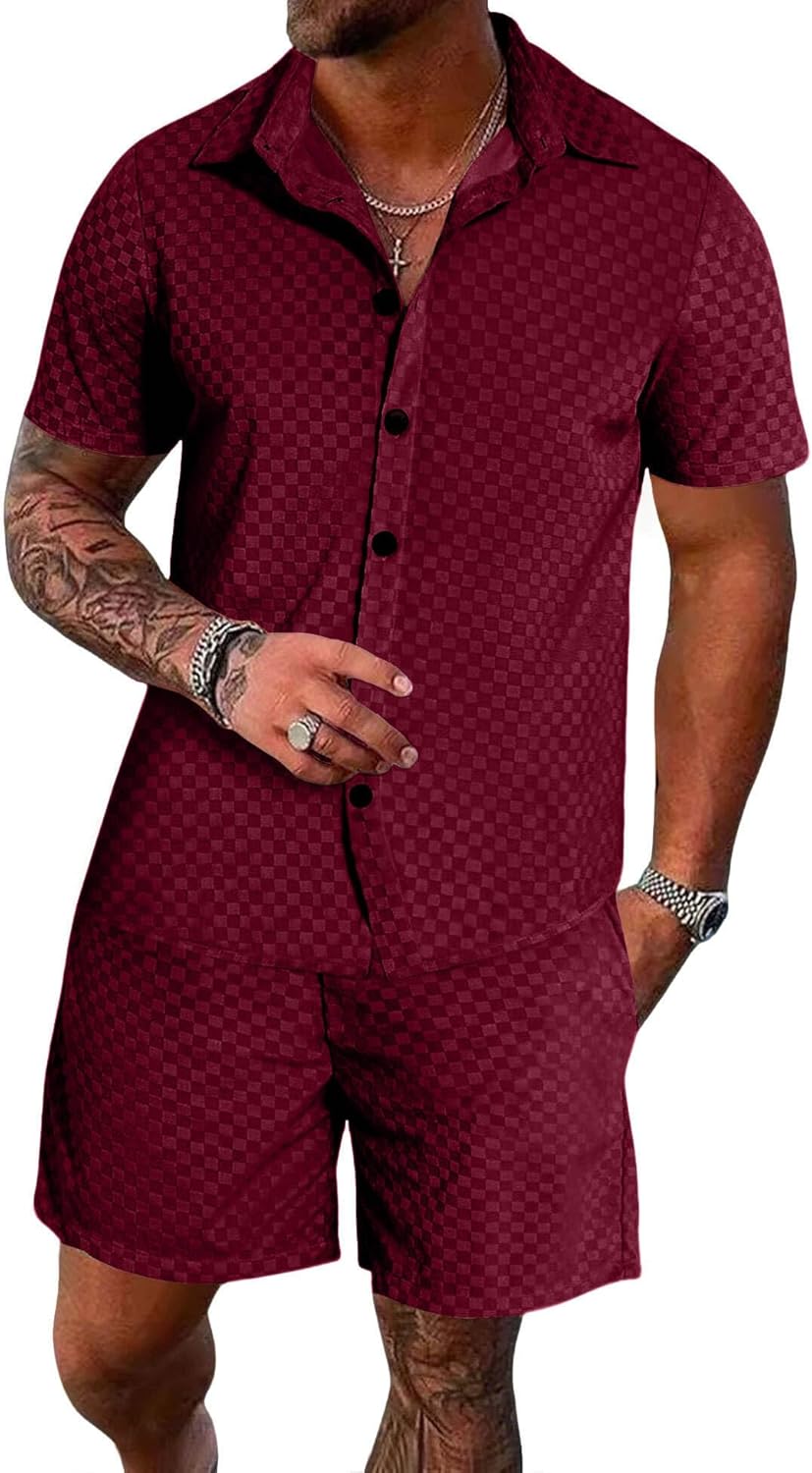 UOUA Mens Velour Tracksuit 2 Piece Outfits Short Sleeve Button Down Shirt and Short Sets Casual Sweatsuits