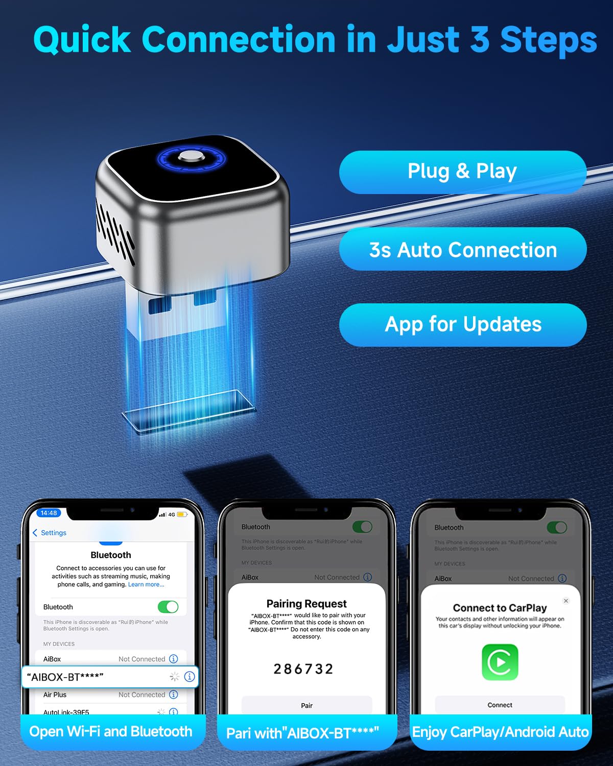 Ultra Mini Android Auto & CarPlay Wireless Adapter, One-Click Switch, 3s Auto Reconnect，Latest A9 Chip 5.8GHZ WiFi, 5.4 Bluetooth, USB-C/USB-A/Extension Cable, Light Black — view 8
