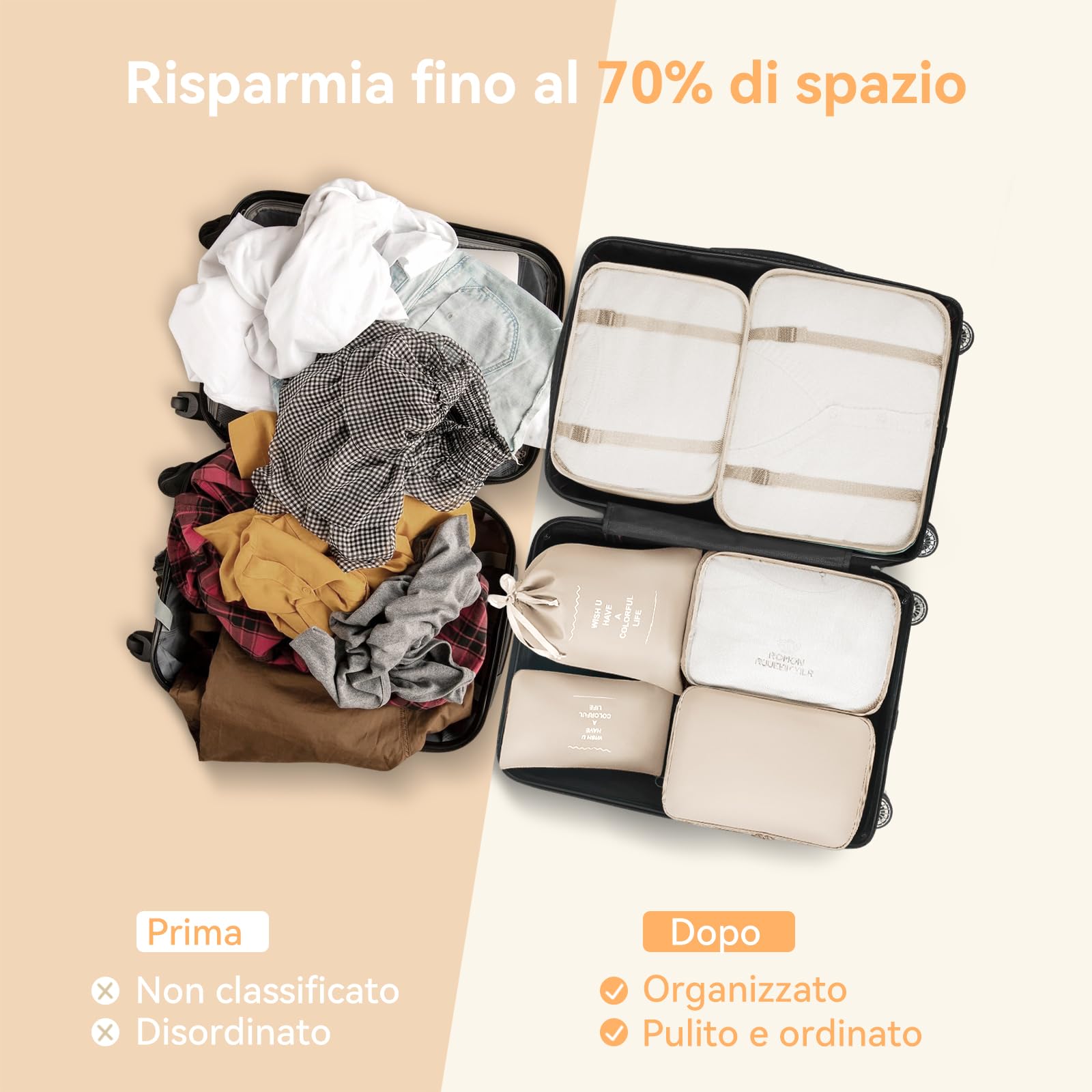 Organizer Valigia 12 Pezzi (Beige), set organizer per valigia, organizer viaggio, packing cubes, sacchetti vestiti viaggio