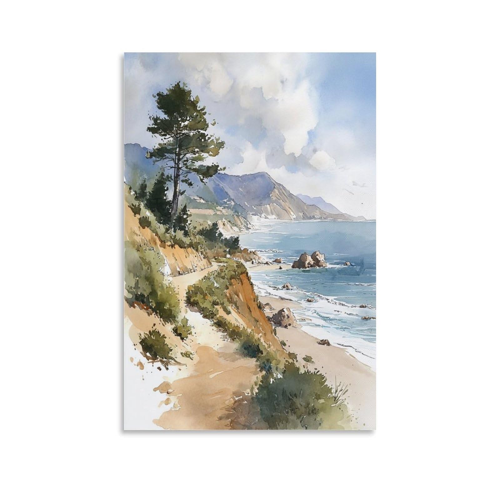XWYMXZ Pebble Beach Coastal 24x36inch(60x90cm) Vintage Travel Poster Watercolor Canvas Art