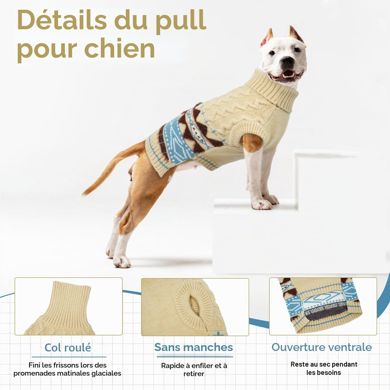 Pull Chihuahua - Fair Isle Pull Over pour Chien Hiver avec Trou pour Harnais, Pull-Overs Col Roulé Noel Sweat Tricot Chaud Facile à Enfiler pour Petite Taille Chien (1–24 kg) Beige XS