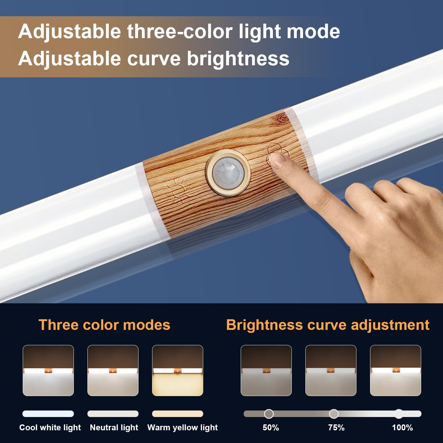 Under Cabinet Lights, LED Rechargeable Battery Driven Indoor Motion Sensor Lights, Magnetic dimming Closet Lights, Wireless countertop for Kitchens and Stairs (15 inch Wood Grain Version)