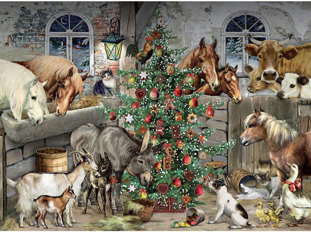 1000 Piece Jigsaw Puzzle for Adults – Christmas in The Barn - Glitter Glitter Animal Holiday Winter Tree Horse Cow Jigsaw Puzzle by Artist Barbara Behr