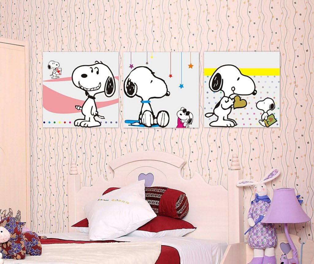 Lovely Snoopy Painting, 3 Panels Print, Hot Sell Modern Canvas Wall Art as Home Decor, 20 Inches by 20 Inches (Unframed)