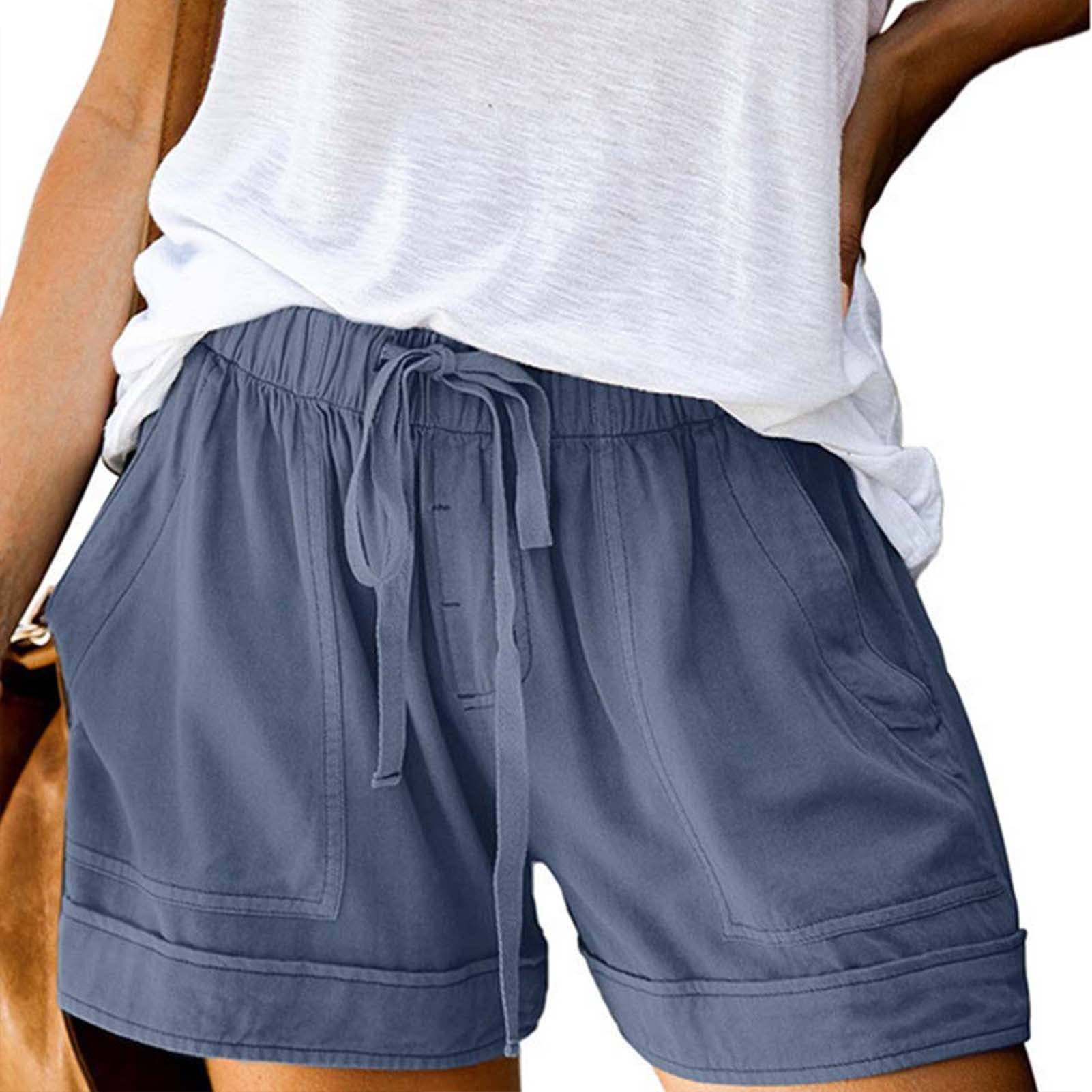 Aslion Women's Drawstring Casual Shorts Wide Leg Shorts Lace Up Cotton Beach Shorts with Pocket for Summer Wear
