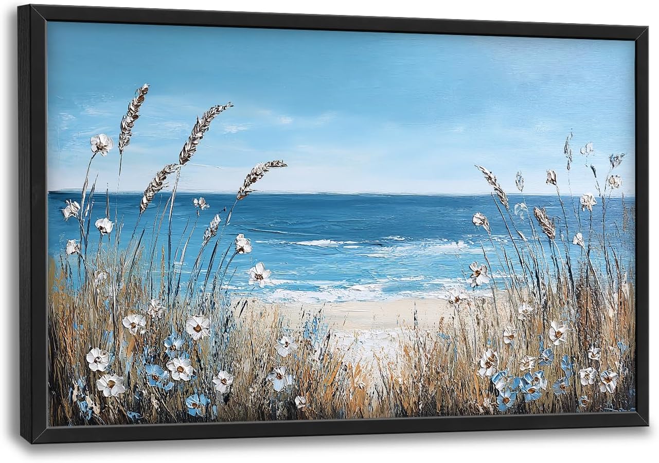 Coastal Beach Wall Art Ocean Wild Flower Pictures Wall Decor Large Canvas Prints Paintings Home Office Decorations Framed Artwork for Living Room 36"x24"
