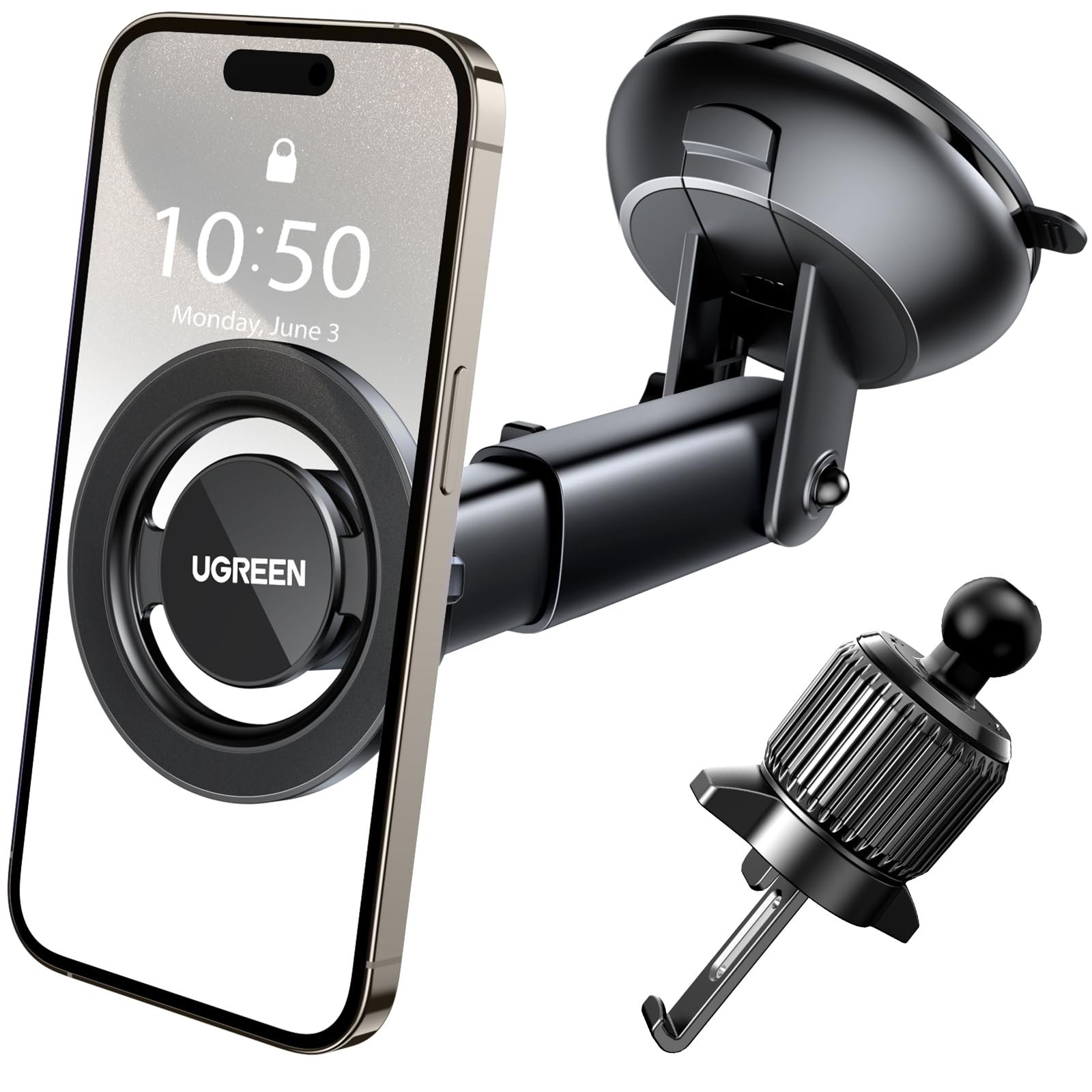 UGREEN MagSafe Autohalterung 2 in 1 Handyhalterung Auto Magsafe 360° Drehbar Kfz Handyhalterung Auto Lüftung und Saugnapf kompatibel mit iPhone 17/16/15/14/13/12 Pro Max Mini und Allen Smartphones