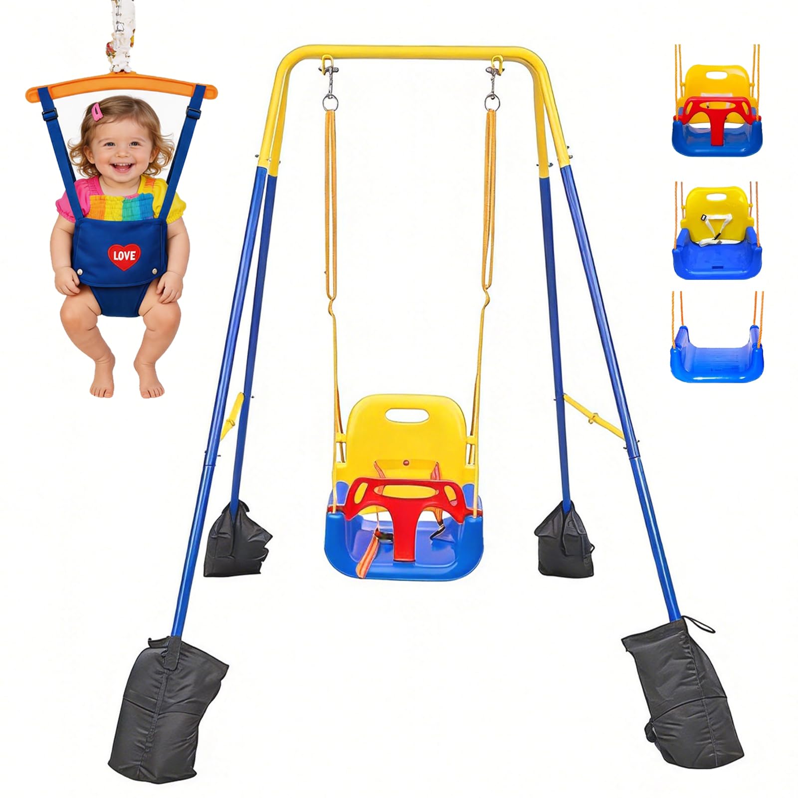 XLWarm Folding Baby Swing Set with 4 Sandbags &Baby Jumper, Kids Swing Seat