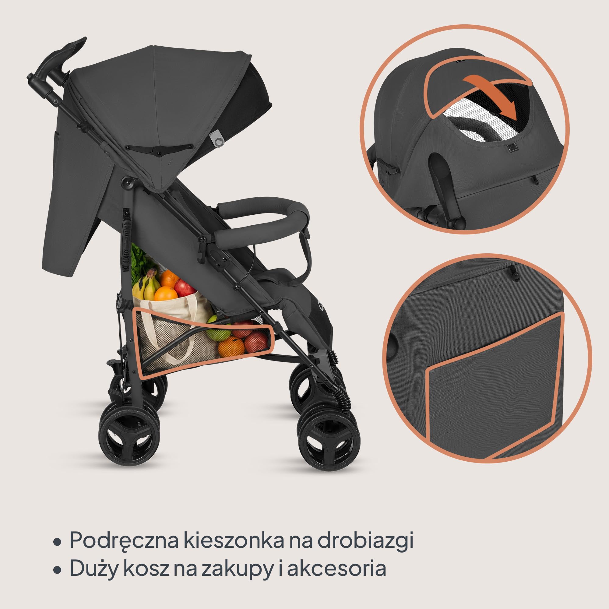 Lionelo Irma Wózek dziecięcy od 6 miesięcy, lekki 7 kg, pozycja leżąca, składany, z systemem składania jedną ręką, koła EVA 6" z amortyzacją i hamulcem, moskitiera, do 15 kg