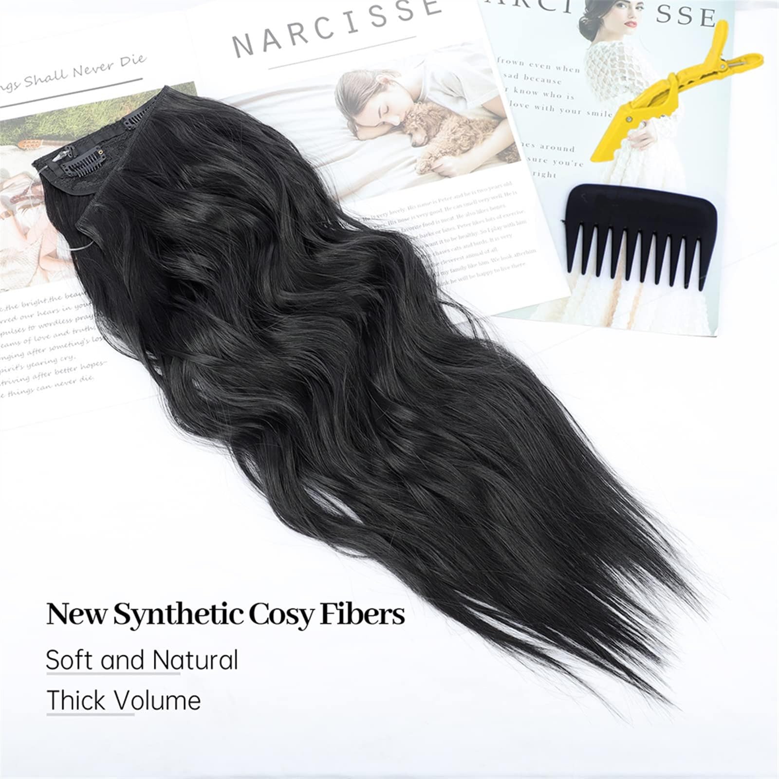 Clip nelle estensioni dei capelli Estensioni for capelli con filo invisibile sintetico con filo trasparente 4 clip sicure Parrucchino segreto ondulato lungo 22 pollici nero for donna Clip per estensio