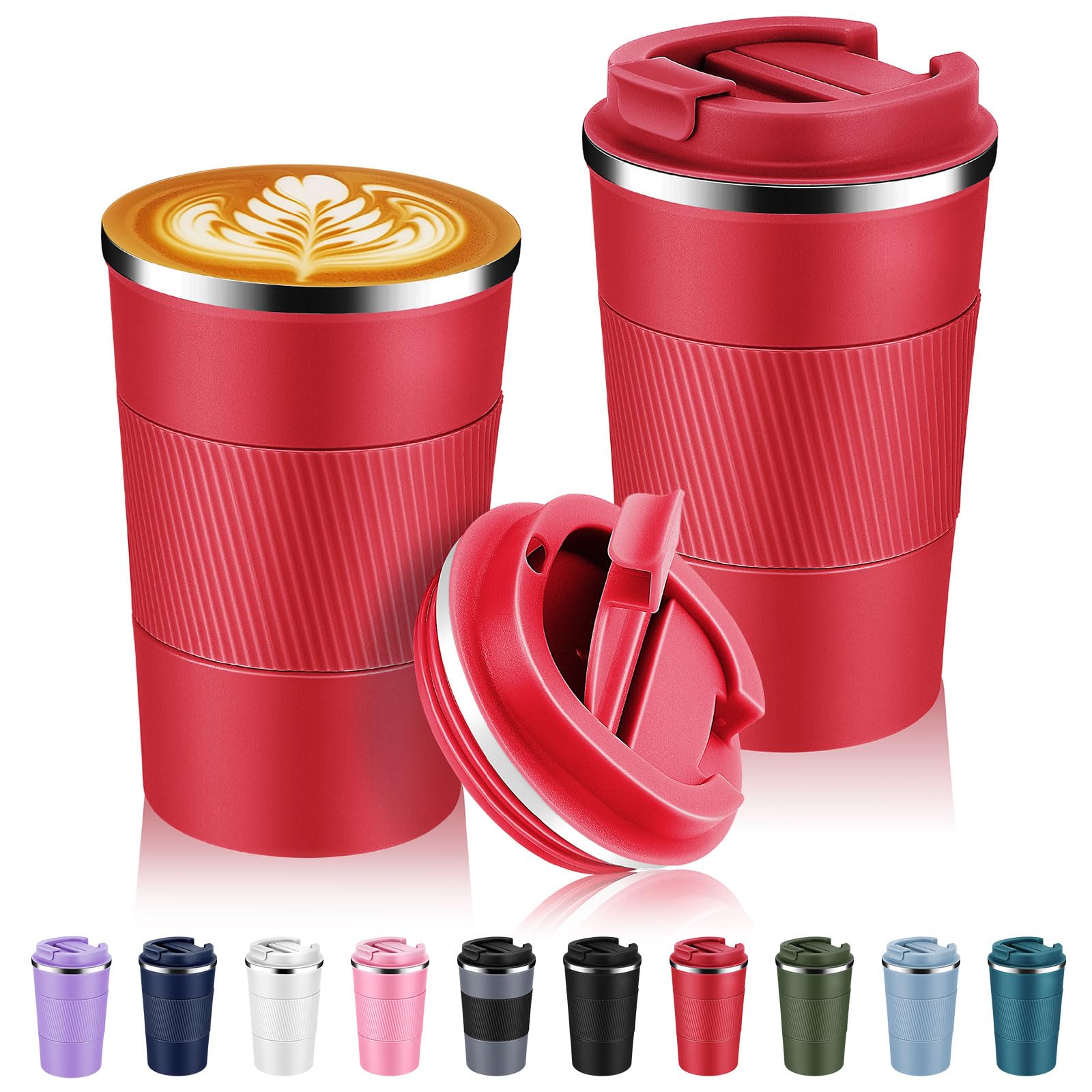 Volhoply 380ml 13oz Stainless Steel Insulated Travel Coffee Mug with Fip Lid Bulk 2 Pack,Reusable Double Wall Vacuum Metal Coffee Cup,Portable Leak Proof Tumbler for Hot & Cold Drinks(Red,2)