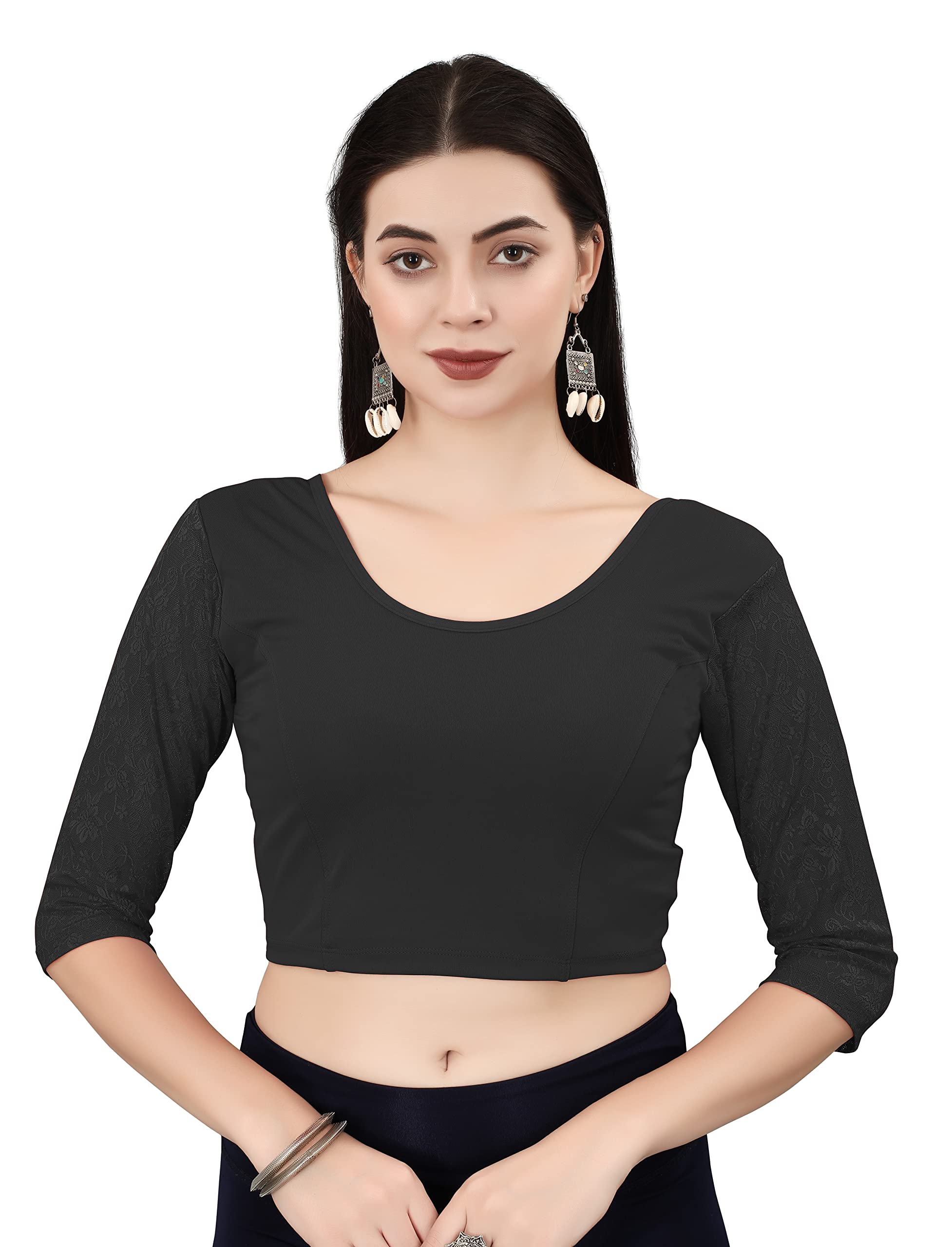 SERONA FABRICSRound Neck Silk Cotton Lycra Stretchable 3/4 Net Sleeve Readymade Saree Blouse for Women Stylish